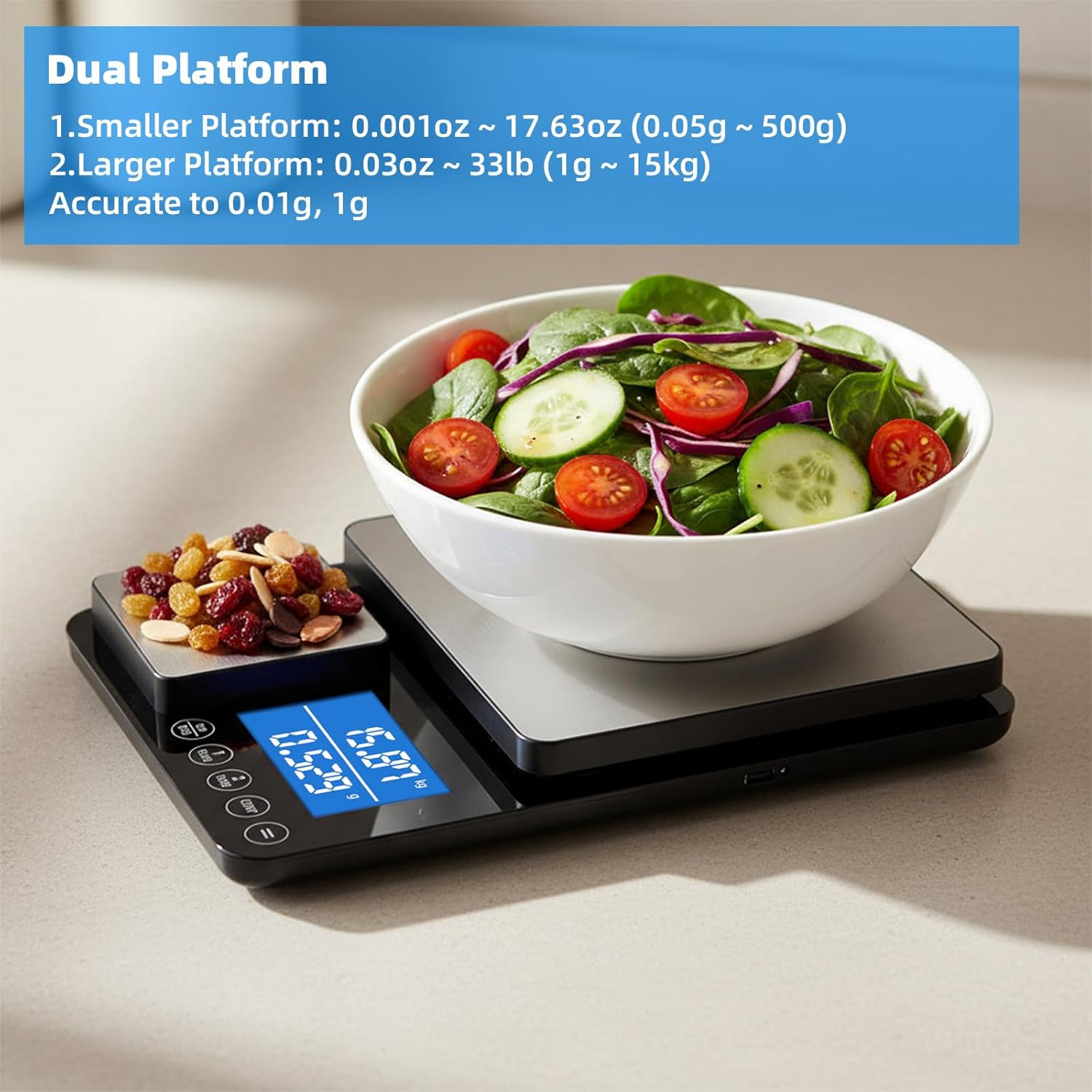 Diyife Küchenwaage mit 2 Plattformen, multifunktionale Küchenwaage digital 15 kg/1 g & 500 g/0,01 g, Präzisionswaage mit 7 Einheiten, LCD-Display, Tara-Abschaltautomatik, intelligente Gewichtskumulation – Bild 2