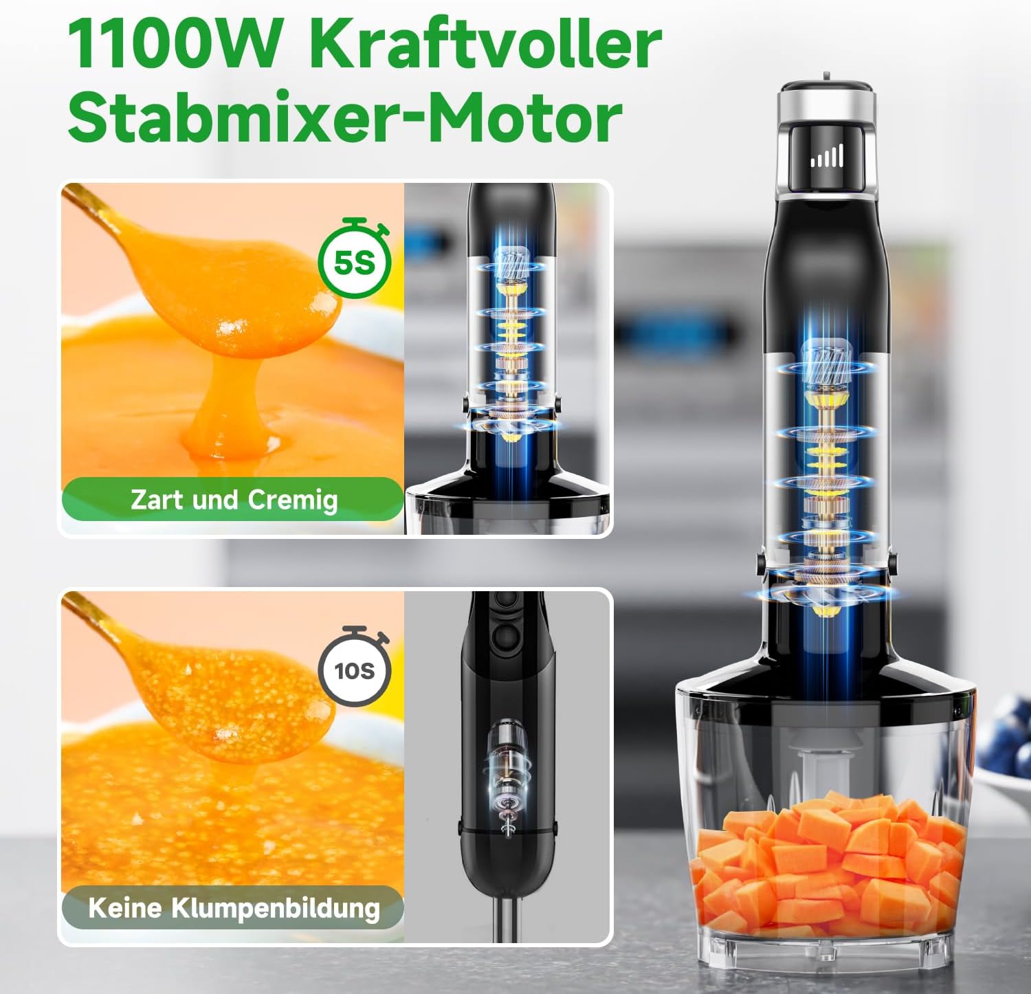 BESROY Stabmixer-Set 5 in 1, 1100 W elektrischer Pürierstab, stufenlose Geschwindigkeit, Edelstahl-Stabmixer mit Zerkleinerer, Schneebesen, Milchaufschäumer und Messbecher, ideal für Suppen, Smoothies – Bild 2