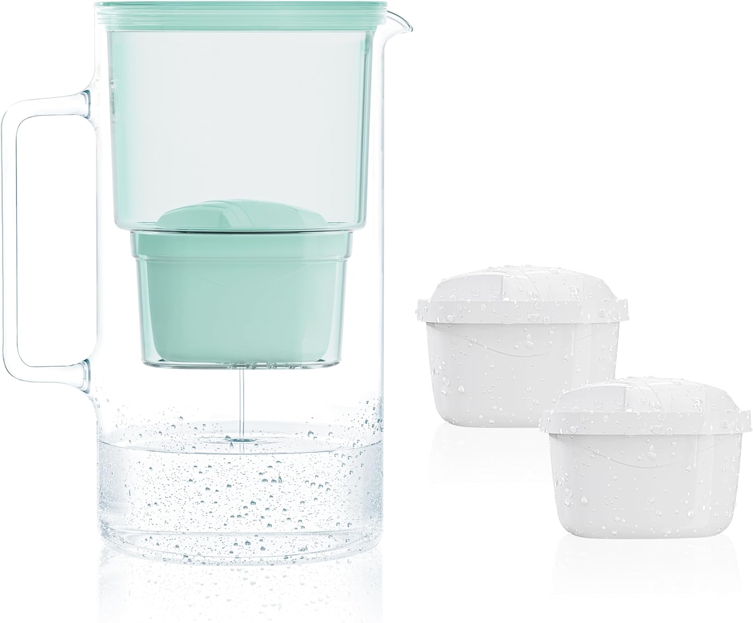 Wessper Wasserfilterkrug Glas 3 L, Set Wasserkrug und 2 Filterkartuschen, kompatibel mit Brita Maxtra, Wasserkaraffe für Trinkwasser mit Ersatzfilter – Mint