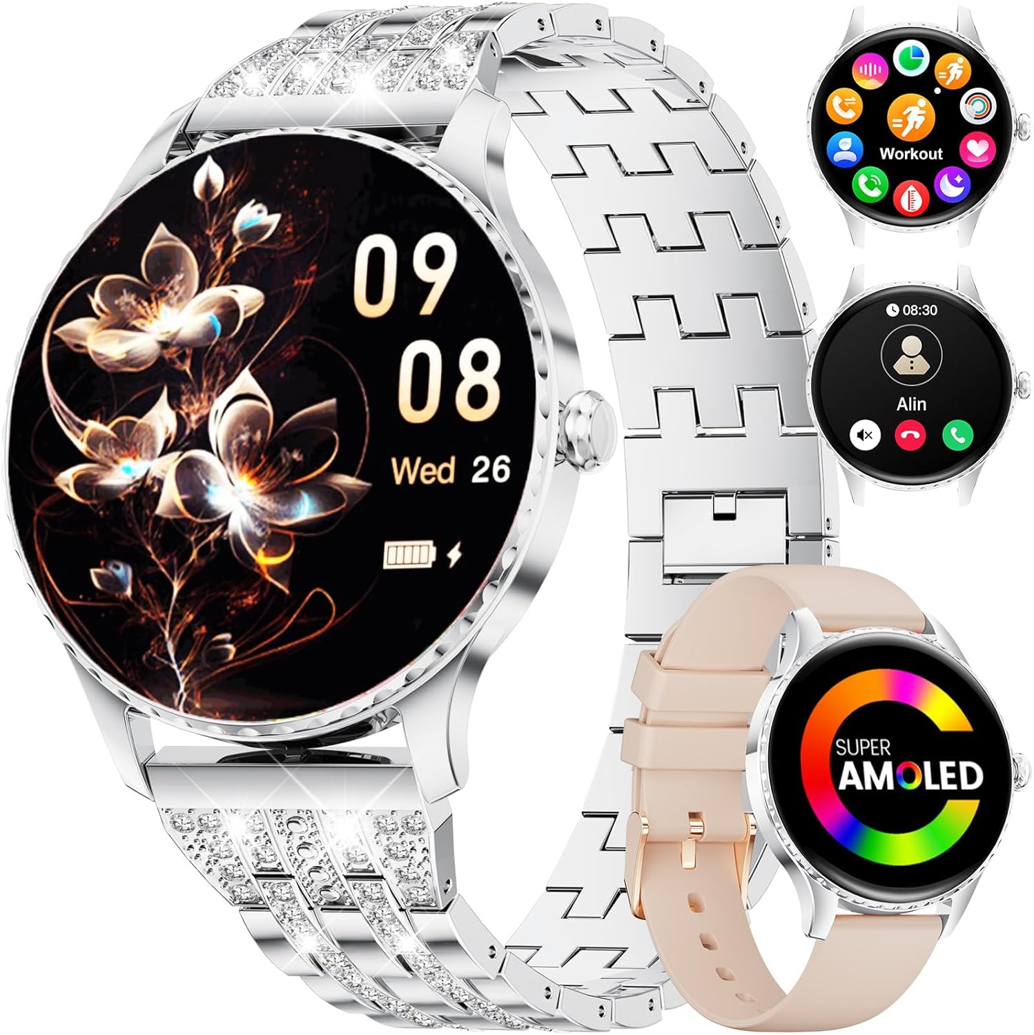 Damen-Smartwatch – luxuriöses Metallarmband mit Strasssteinen/1,32 Zoll HD AMOLED-Display/270+ Zifferblätter, Fitnessuhr mit über 110 Sportmodi, Schlaf-Tracking, Telefonfunktion, Uhr für iOS Android