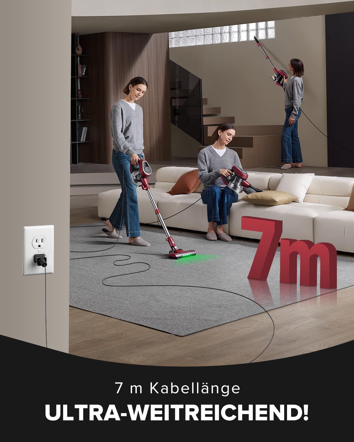 Vexilar C8 Staubsauger mit Kabel, 60KPa & 600W Starke konstante Saugkraft, Staubsauger beutellos, 7m Kabel, Selbststehend, Anti-Tangle-Bürste, Handstaubsauger für Tierhaare, Fugen & Hartböden – Bild 3