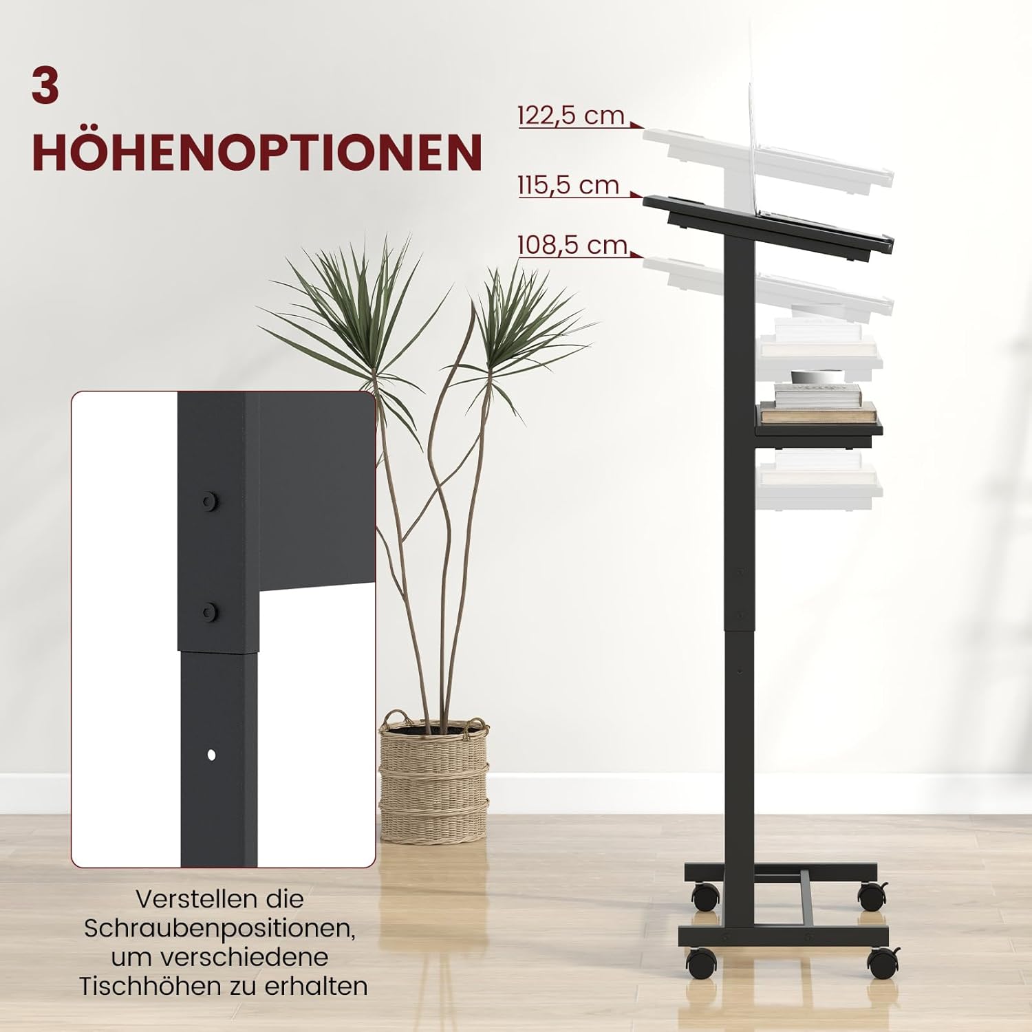 COSTWAY Stehschreibtisch, höhenverstellbar, Stehsitzschreibtisch mit Rollen, mobiler Stehschreibtisch mit geneigter Tischplatte & Ablage, Laptoptisch für Zuhause & Büro, Schwarz – Bild 4