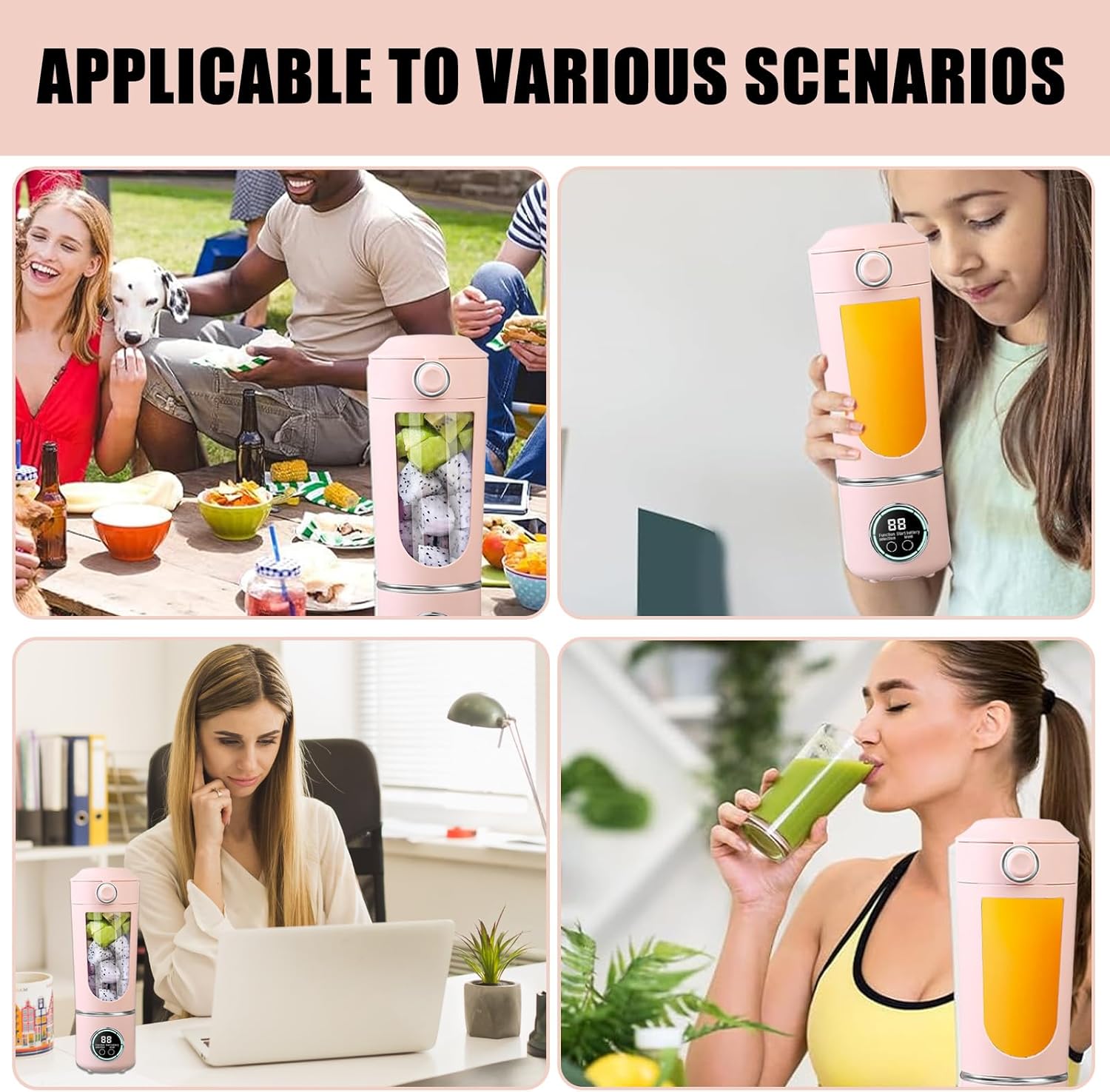 Kleiner tragbarer Mixer, 700 ml Maker to Go Mini-Standmixer, tragbarer Mixer mit 12 Klingen aus Edelstahl und Digitalanzeige, USB wiederaufladbar, kleiner Entsafter für Smoothies, Shakes – Reisen, Büro, Sport (Pink) – Bild 7