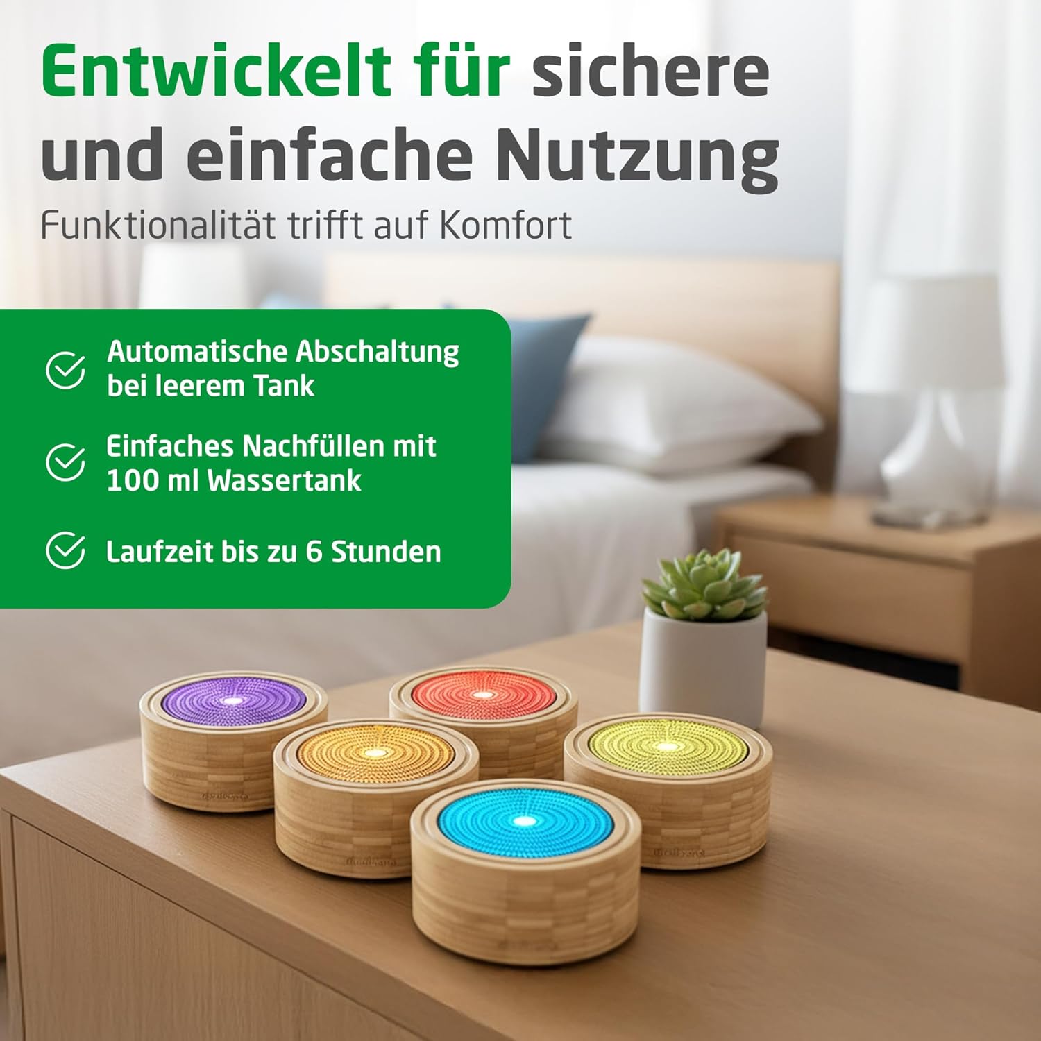 Medisana AD 625 Aroma-Diffusor aus Bambus, Holzzerstäuber mit Spa-Licht in 6 Farben, für ätherische Öle, Duftlampe mit Timer, 100 ml – Bild 4