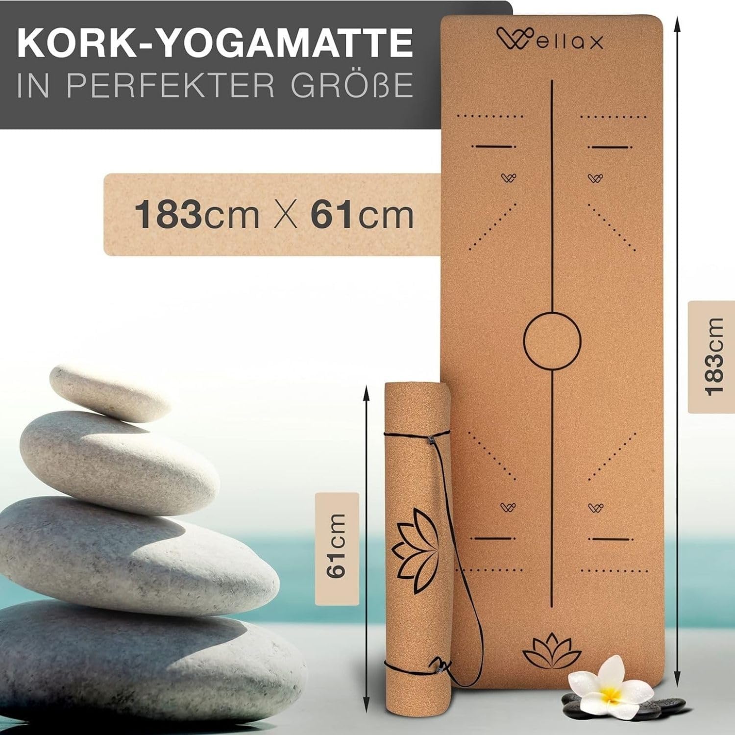 Wellax Yogamatte aus Kork – 100 % natürliche Yogamatte rutschfest (185 x 66 x 0,6 cm) – besonders dick & schadstofffrei – Sportmatte mit praktischem Tragegurt – Bild 2