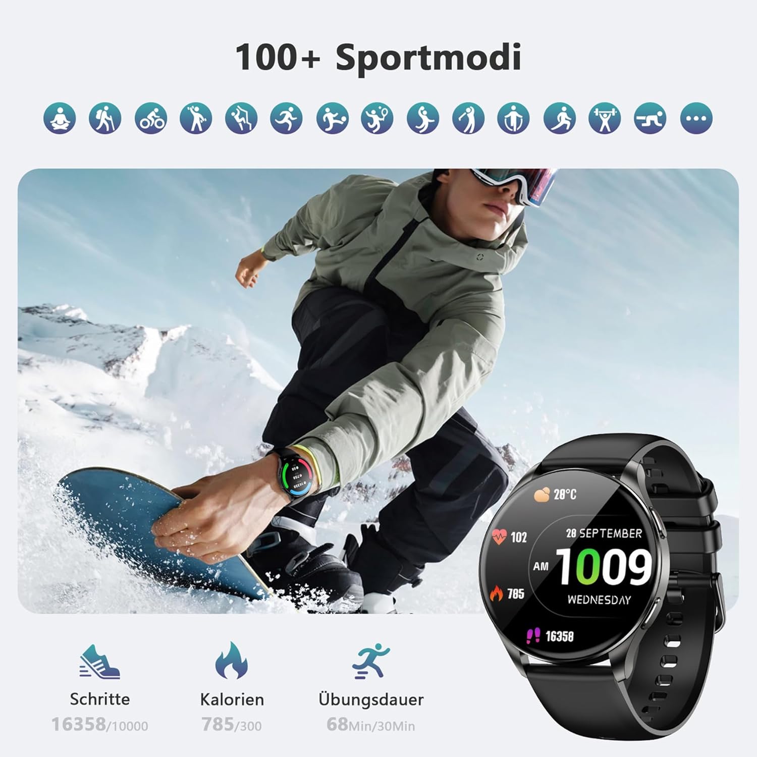 Blackview Smartwatch Herren Damen AMOLED-Bildschirm Virtuelle Always-On-Uhr Aktivieren/Empfangen Sportuhr mit Puls Schlaf SpO2 Schritte Kalorien Kilometer 2 Armbänder (Silikon/Nylon) für Android iOS – Bild 2