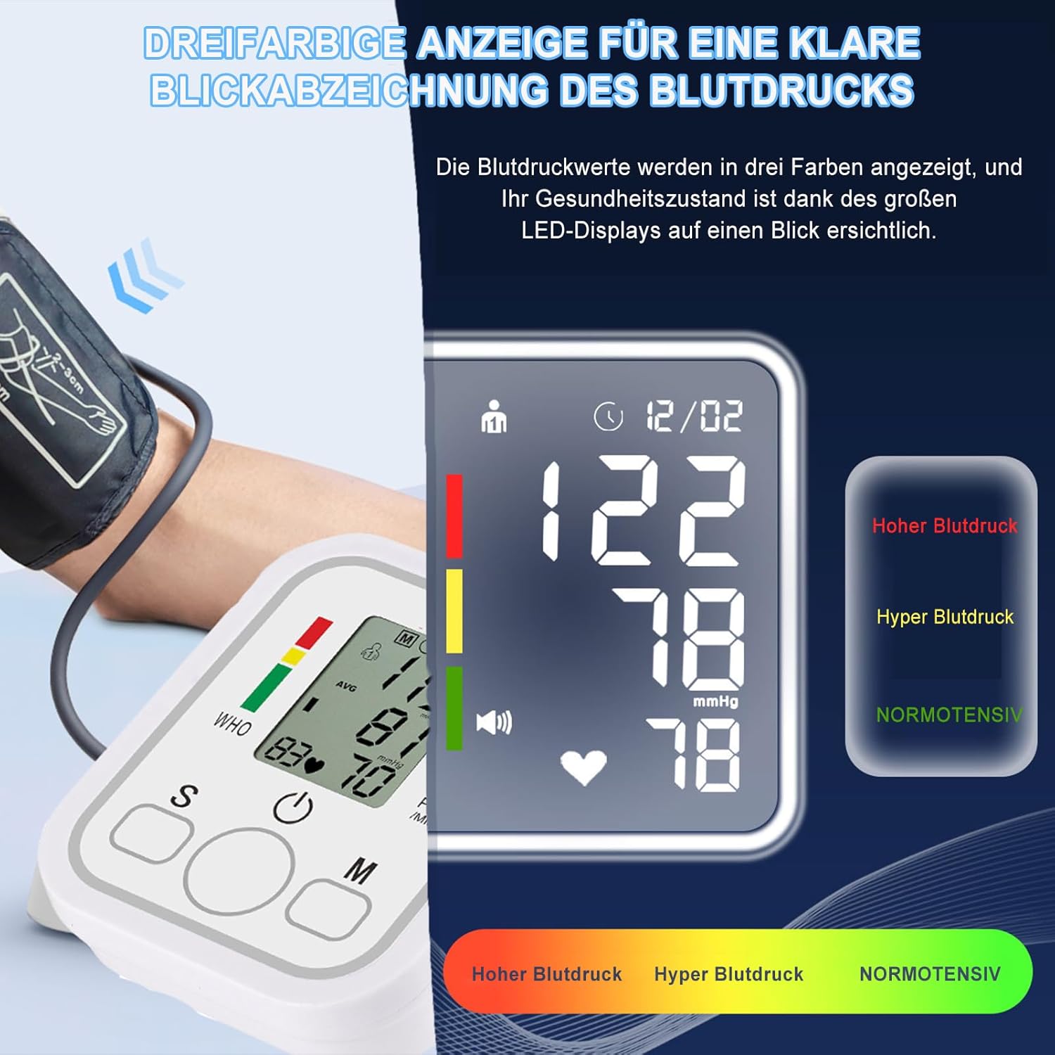 Blutdruckmessgerät, Oberarm-Blutdruckmessgerät, digitales Blutdruckmessgerät für den Heimgebrauch, Arrhythmie-Erkennung, Pulsmessung, Risikoanzeige, LED-Anzeige – Bild 5