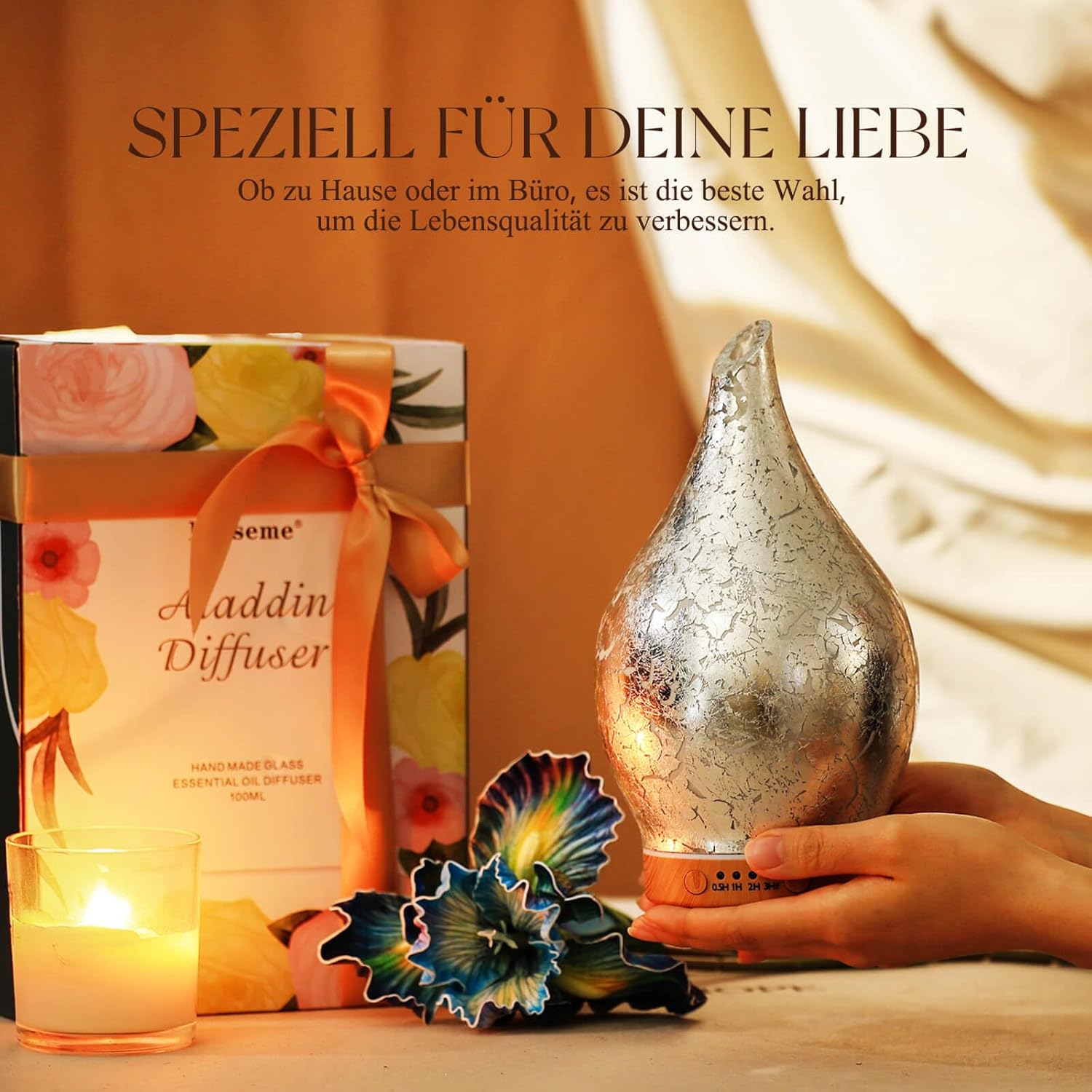 Porseme Aromadiffusor 150 ml, Luftbefeuchter aus mundgeblasenem Glas, Ultraschall-Aromatherapie-Öldiffusor mit 7 farbigen LED-Lichtern, Diffusor für ätherische Öle mit Timer, BPA-frei für Zuhause (versilbert) – Bild 6
