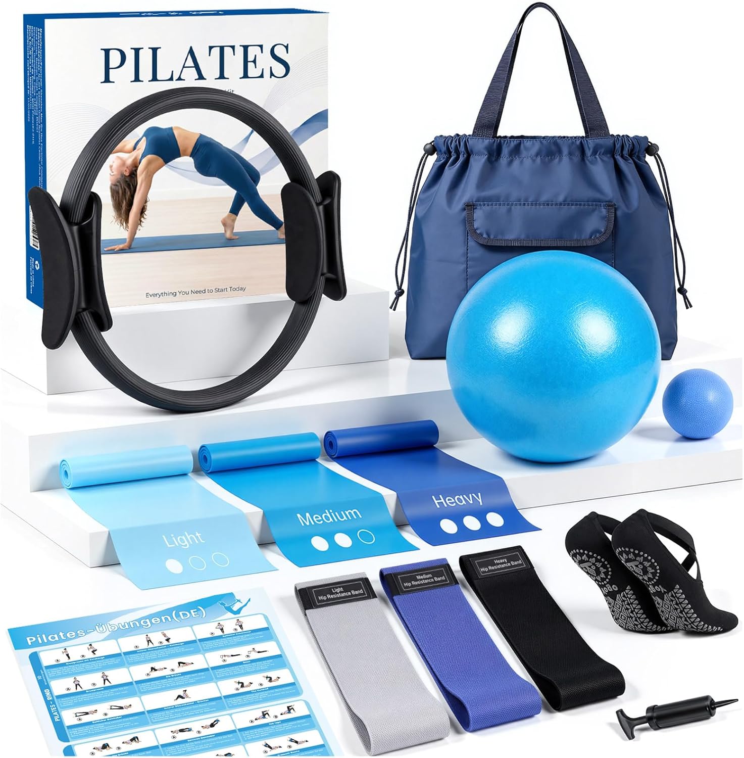 Pilates Set - Pilates Ball, Pilates Ring, Pilates Socken, 3 Stufen Fitnessbänder und Terrabänder, Pilates Set Für Zuhause, Home Workout Pilates Equipment mit Übungsanleitung & Tragebeutel