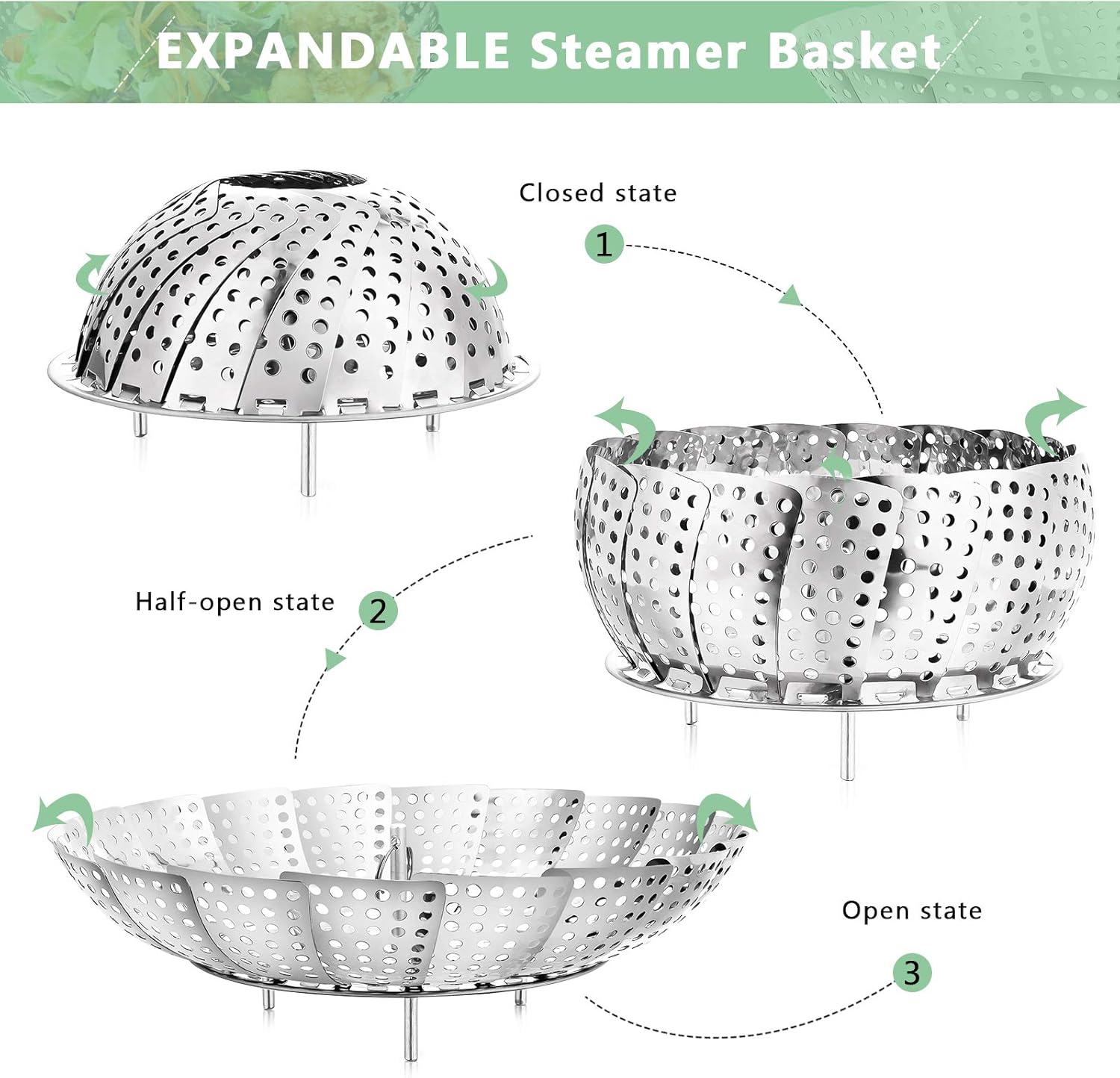 Buylorco Dampfgarer-Einsatz, Edelstahl, faltbarer Dampfgarer-Korb, Dampfgarer-Einsatz, Gemüsedämpfer für das Kochen von Meeresfrüchten und Gemüse (13 bis 23 cm) – Bild 2