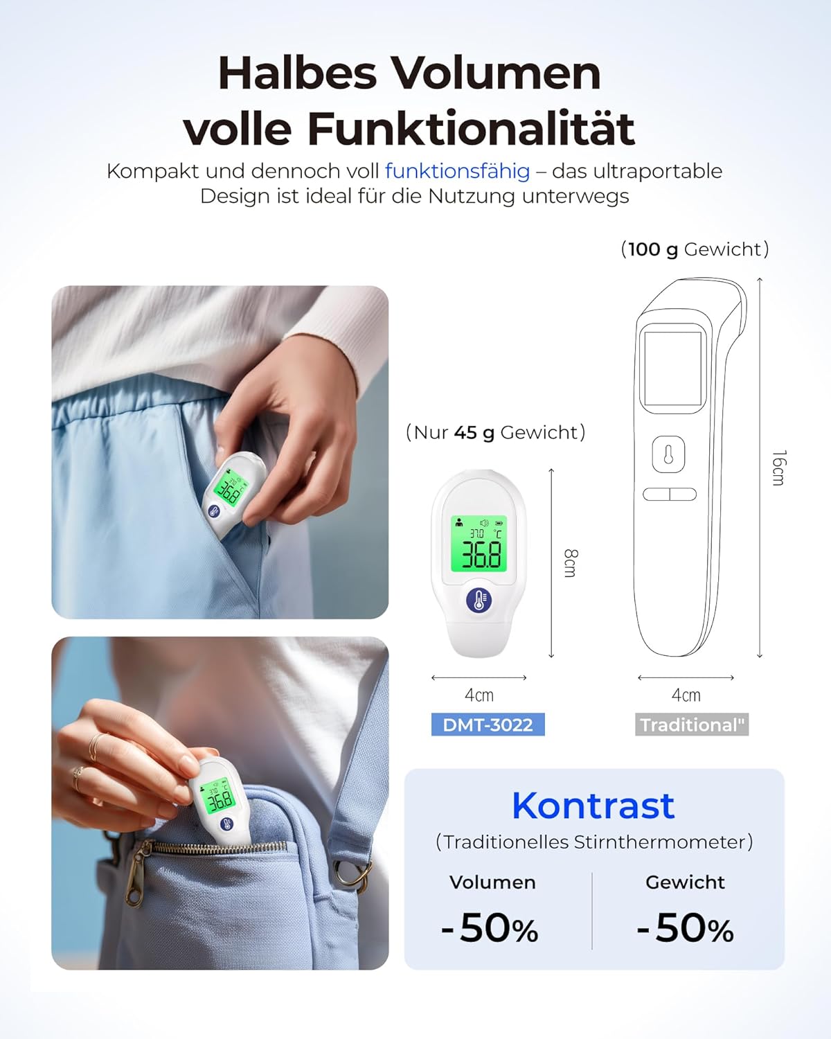 Femometer Fieberthermometer für Babys, Kinder und Erwachsene, kontaktlos, Infrarot, Messung in 1s, dreifarbiges Display, Objekt- und Raumtemperatur, tragbar für den Reisegebrauch, Fieberwarnung, weiß – Bild 2
