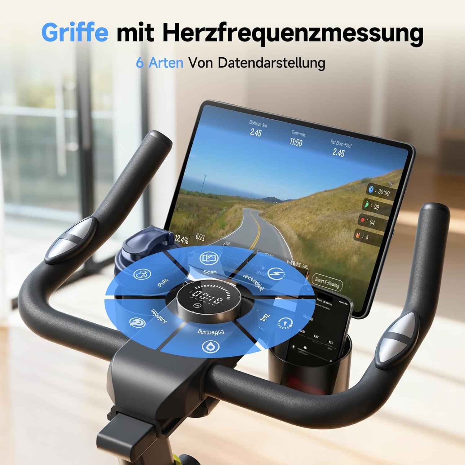 YPOO Heimtrainer, Leises Heimtrainer-Fahrrad mit einstellbarem Magnetwiderstand, Indoor-Spinning-Bike für Cardio-Training mit Komfort-Atmungssitz, Tablet-Halterung, App, LED-Monitor bis 160 kg – Bild 8