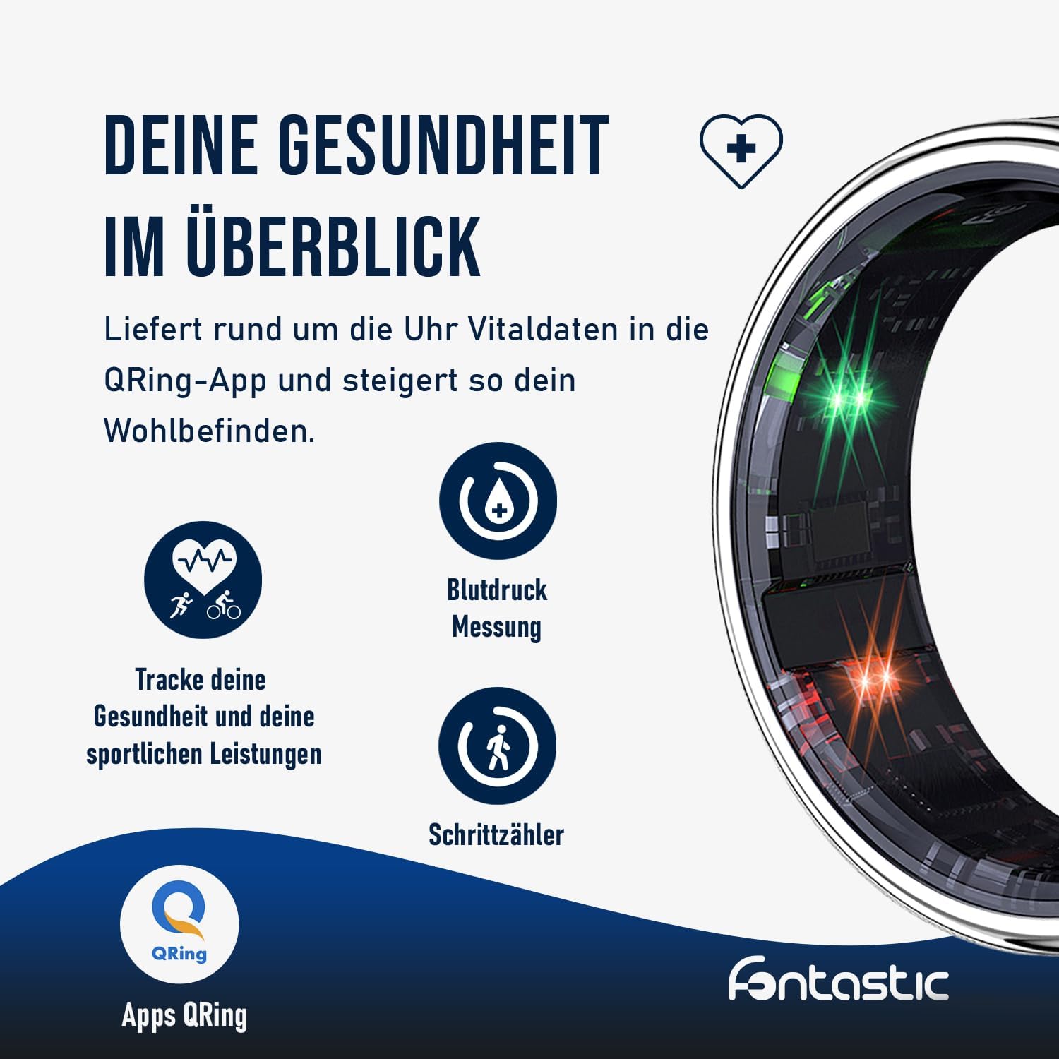 Fontastic Divo Smart Ring mit Display, Fitnessring mit Schlaftracker, Schrittzähler, Herzfrequenz- und Blutsauerstoffmessung, 1ATM wasserdicht, kabellose Ladestation, Fitnessring Android kompatibel – Bild 3
