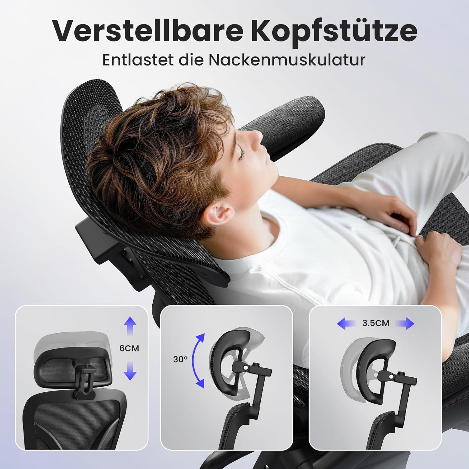 naspaluro Ergonomischer Bürostuhl mit dynamischer Lordosenstütze, Schreibtischstuhl mit 3D-Kopfstütze, klappbaren Armlehnen, atmungsaktivem Netzbezug, 360°-Drehstuhl für das Home Office, Schwarz – Bild 6