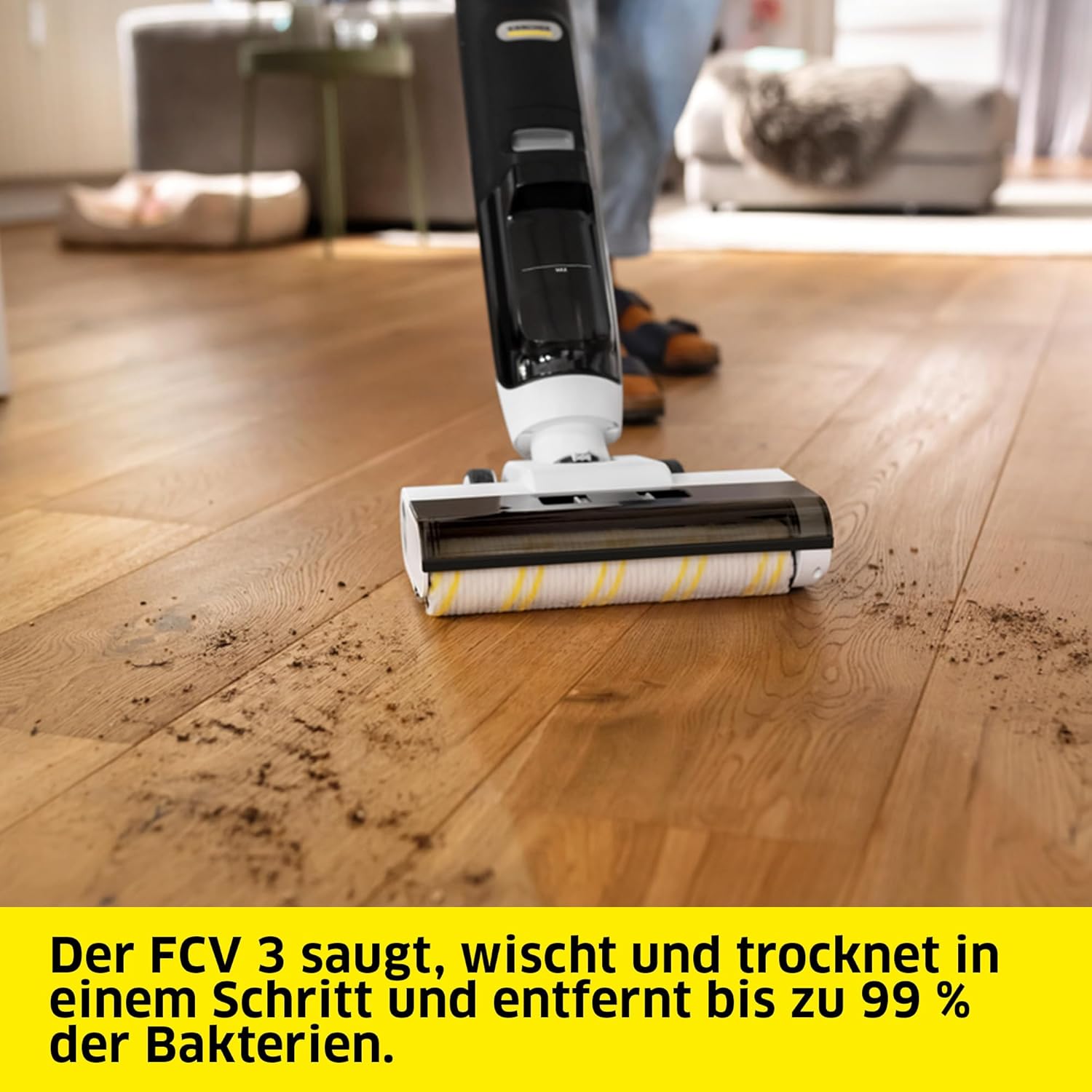 Karcher FCV 3 Staubsauger-Wischer, kabelloser Saugmopp mit 3 Reinigungsmodi, Akkulaufzeit: ca. 30 Minuten, Oberflächenkapazität pro Akkuladung: ca. 130 m², Weiß – Bild 2