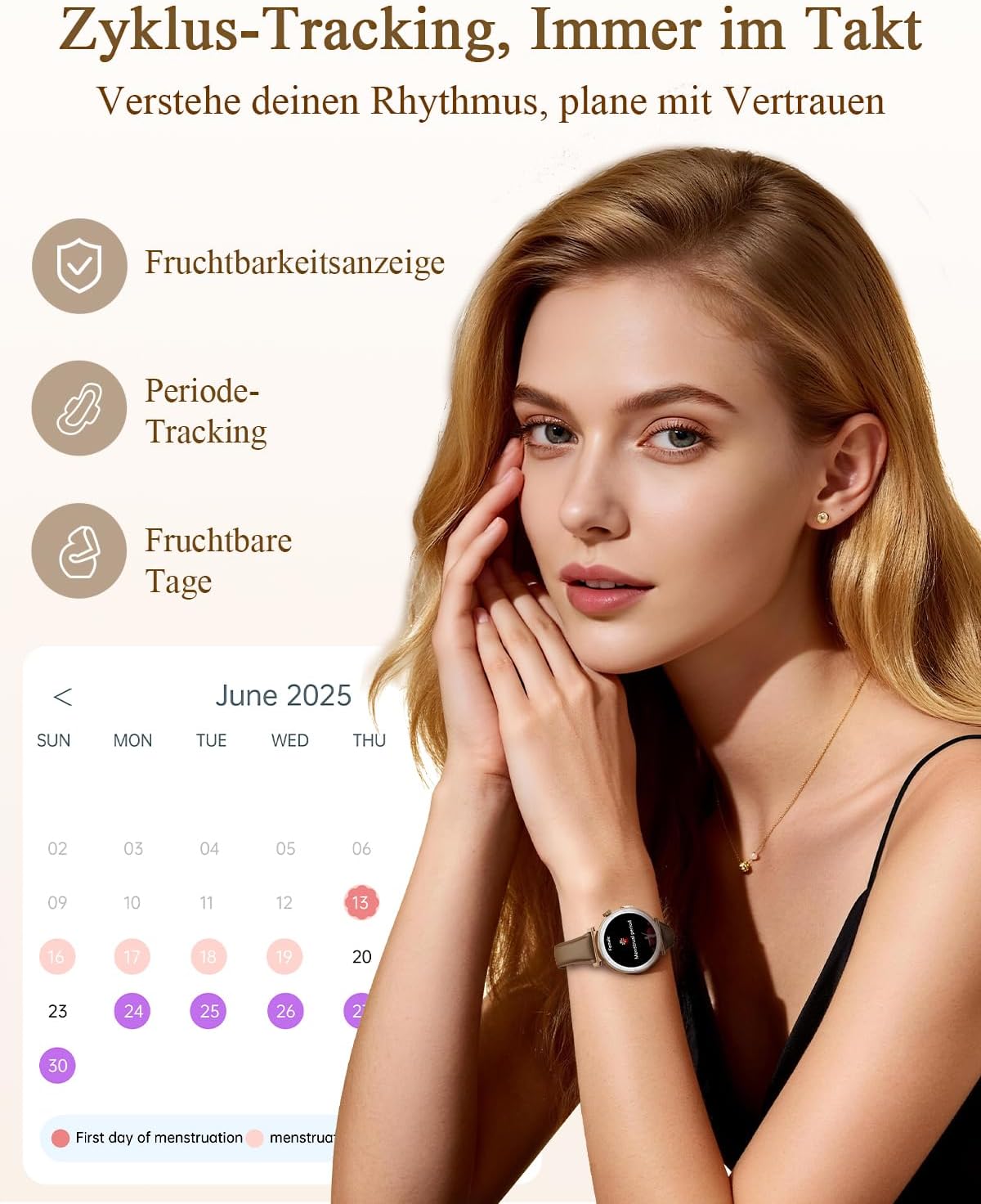 Damen-Smartwatch, Eleganz in Klein mit 1,19 Zoll AMOLED-Display und schmalem Lederarmband, Fitnessuhr mit Schrittzähler, Sportmodi, Puls-/SpO2-/Schlafmonitor für iOS/Android, Roségold/Braun – Bild 4