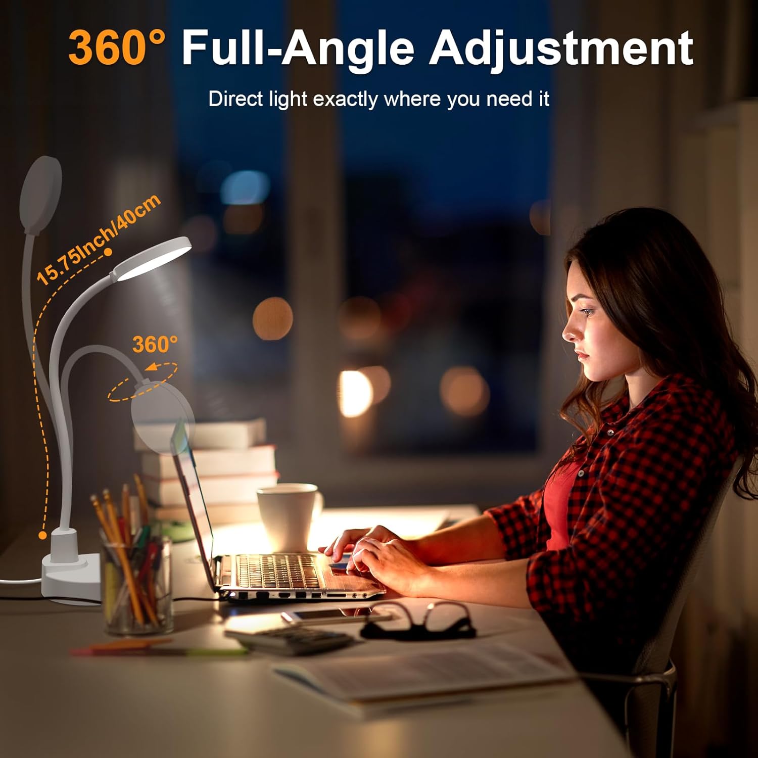 15 W LED-Schreibtischlampe mit USB-A & USB-C – Dimmbar, 3 Farbtemperaturen, 5 Helligkeitsstufen, 4 Timer, flexibler 360°-Schwanenhals, augenfreundlich, Tischlampe für Büro & Schlafzimmer – Weiß – Bild 6