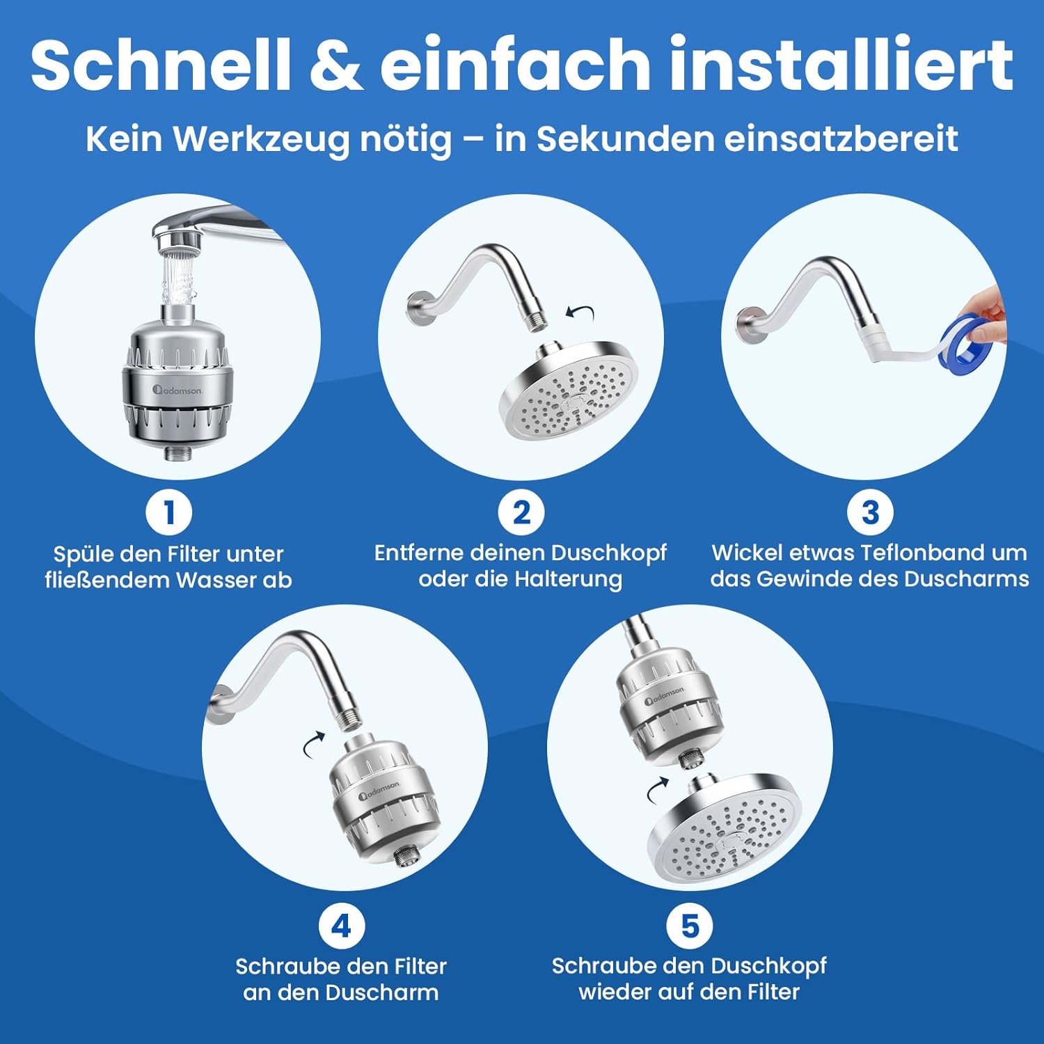 Adamson Duschfilter – 36-stufiger Duschfilter gegen Kalk und Chlor – Kalkfilter-Dusche & Wasserfilter-Dusche für weiche Haut und gesundes Haar – Duschkopffilter einfach zu installieren + extra Kartusche – Bild 6