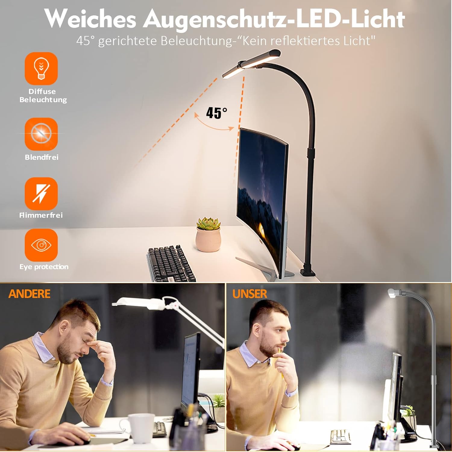 Doppelkopf-Schreibtischlampe LED dimmbar, 24 W 80 cm Schreibtischlampe, klemmbares Heimbüro, Tageslichtlampe Schreibtischlampe, Schwanenhals-Bürotischlampe schwarz, Augenschutz-Monitorlampe – 5 Farbmodi – Bild 5