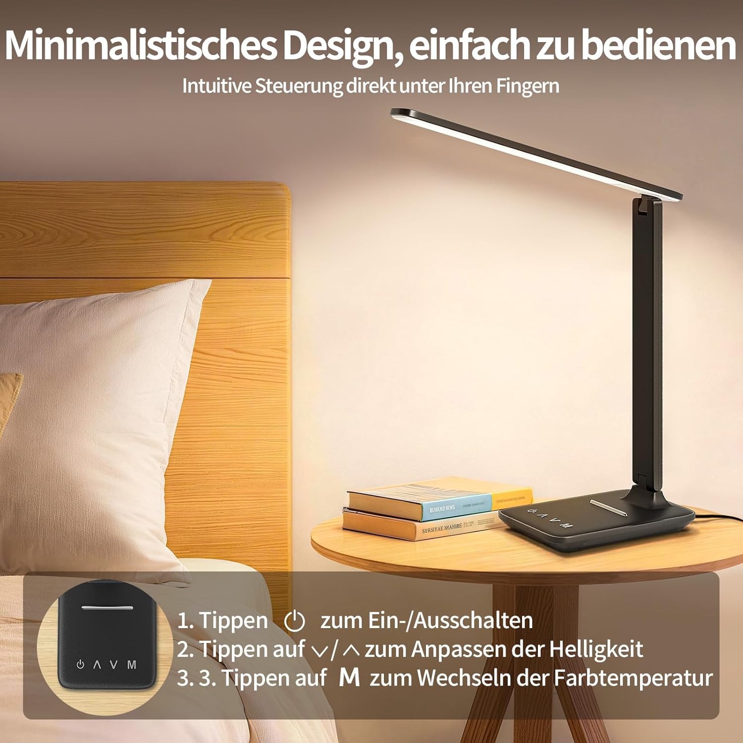 Schreibtischlampe LED dimmbar, Tischlampe mit Augenschutz & USB-Ladeanschluss, 5 Farbtemperaturen & 5 Helligkeitsstufen, Touch-Steuerung, faltbar, für Büro, Lesen und Home Office – Bild 6
