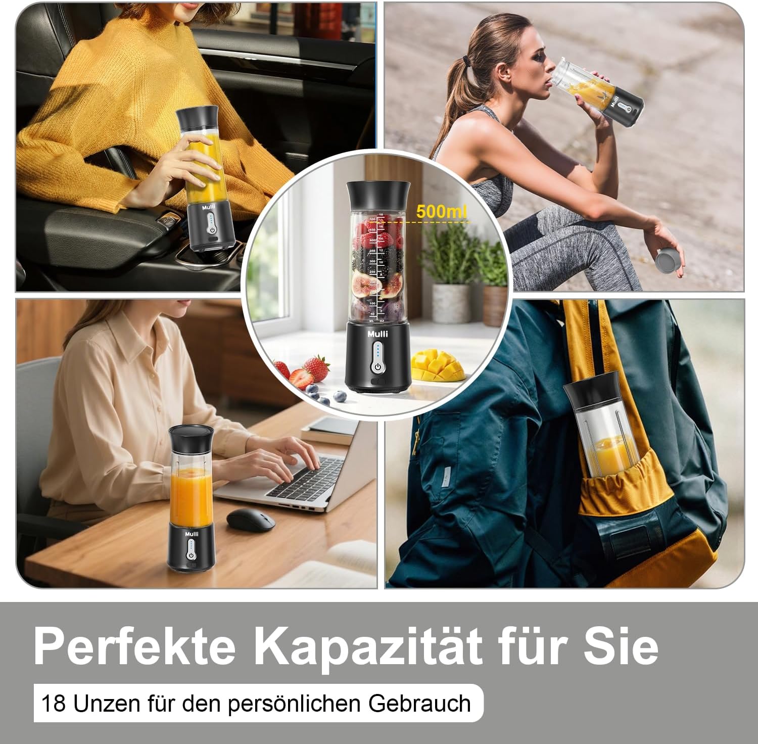Tragbarer Mulli-Mixer mit Reisedeckel – 500 ml, per USB wiederaufladbar, persönlicher Smoothie- und Protein-Shake-Maker, 6 Klingen für Sport, Reisen, Fitnessstudio und Zuhause – Bild 7