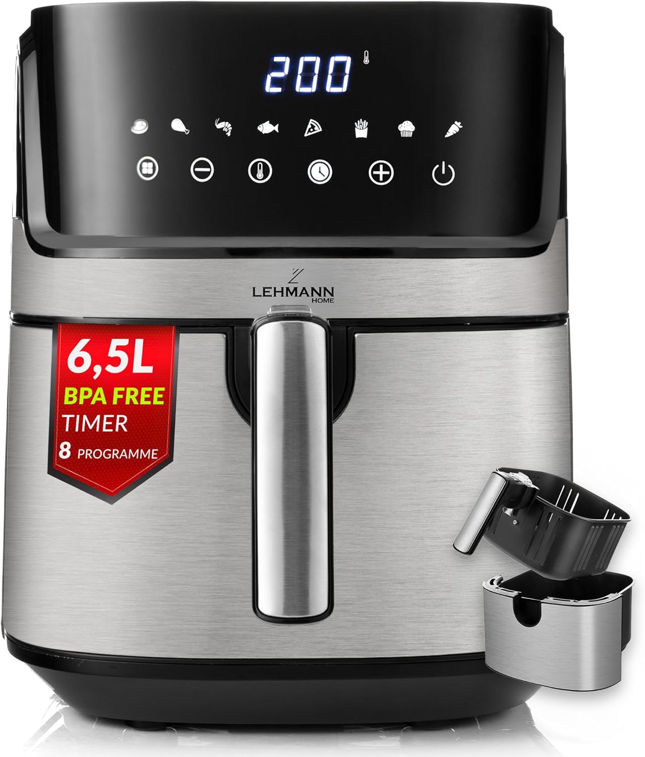 LEHMANN Heißluftfritteuse XL 6,5 l, 8 Programme, große Metallkammer, Digitalanzeige, Timer, Antihaftbeschichtung, spülmaschinenfester Korb, 80–200 °C, Heißluftfritteuse ohne Öl für die Familie