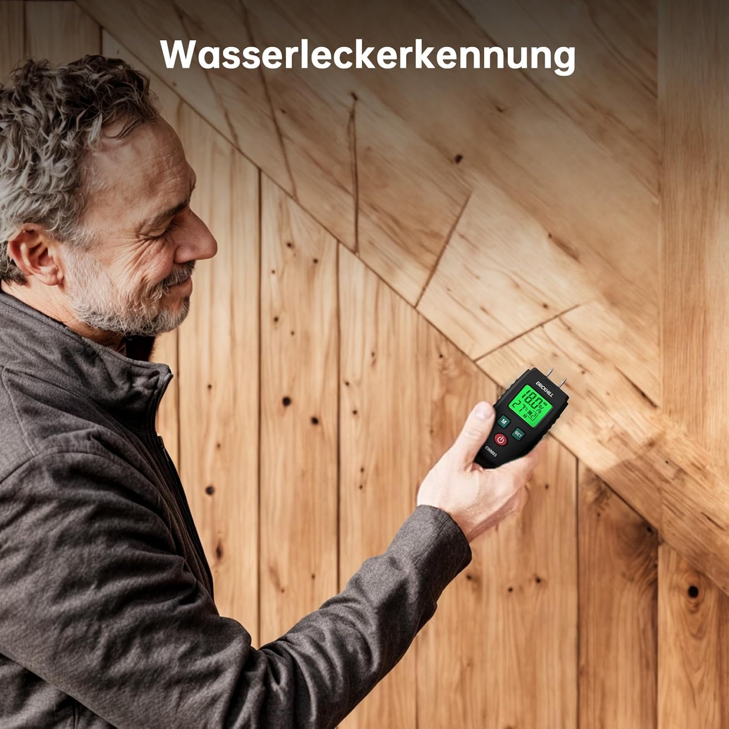 Feuchtigkeitsmesser, ERICKHILL EWM03 Stifttyp Holzfeuchtemesser mit 5 Modi, LCD-Display mit grüner Hintergrundbeleuchtung, Holz- und Baumaterial-Schimmeldetektor – Bild 3