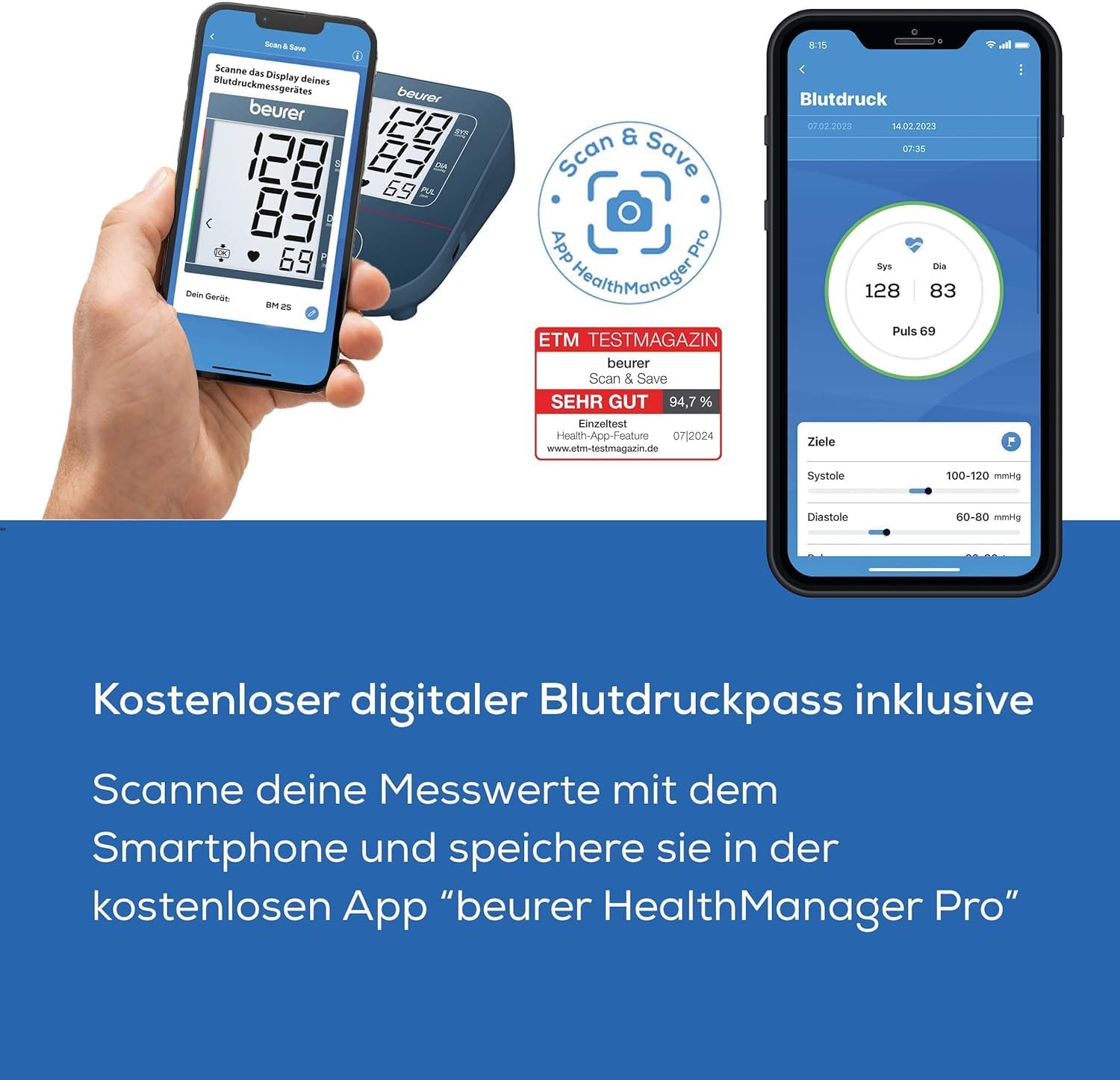 Beurer BM 25 Oberarm-Blutdruckmessgerät, einfache Ein-Knopf-Bedienung, genaue Messung, Arrhythmie-Erkennung, mit USB-C-Anschluss, Manschette, Datenübertragung an Apple Health und Co., Blau – Bild 5