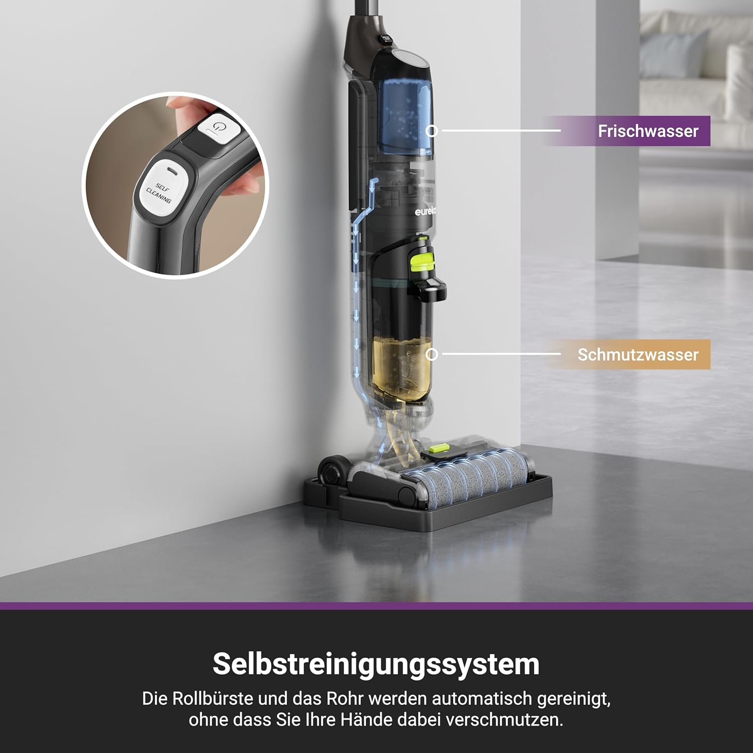 EUREKA NEW400 Nass-/Trockensauger kabellos, intelligenter Nass-Trockensauger mit Dual-Tank-Design, selbstreinigender Bodenreiniger, leichter Wischsauger kabellos für Hartböden, Tierhaare, Essensreste – Bild 3