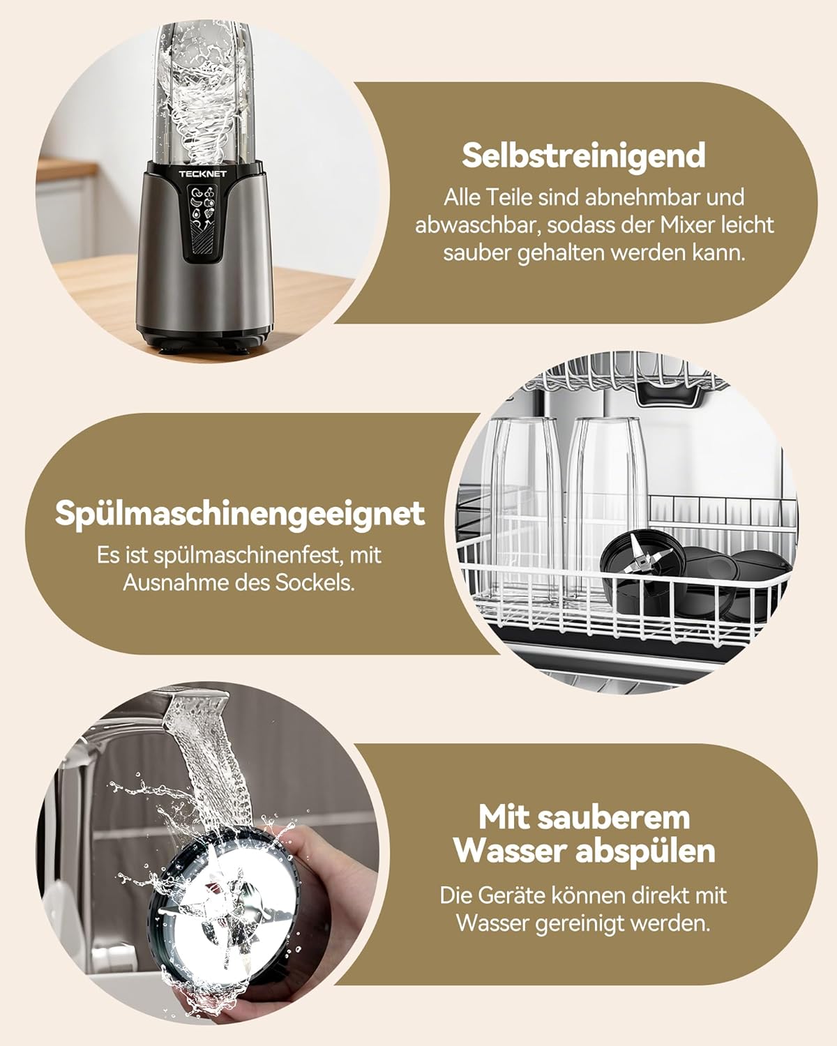 TECKNET 1000 W Smoothie Maker, Standmixer mit 2 BPA-freien 600 ml tragbaren Bechern, klein mit Kreuzklingen aus 304 Edelstahl, leicht zu reinigen, Mixer elektrisch für Shake, Smoothie & Babynahrung – Bild 4
