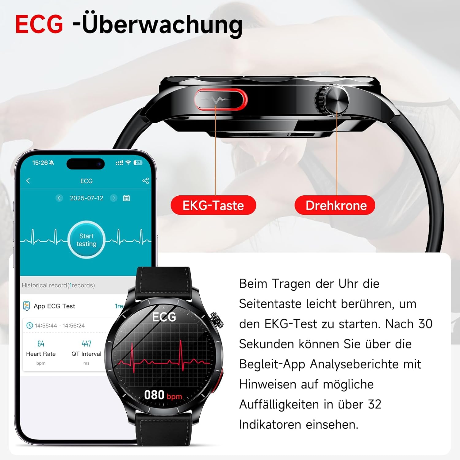 Herren-Smartwatch mit EKG + HRV/B-Druckmessung/Harnsäure/BMI, 1,43 Zoll AMOLED-Gesundheitsuhr mit SOS-Notruf, 24/7 Herzfrequenz-/Apnoe-/Schlafmonitor/SpO2, Android/iOS (schwarzes Leder) – Bild 2