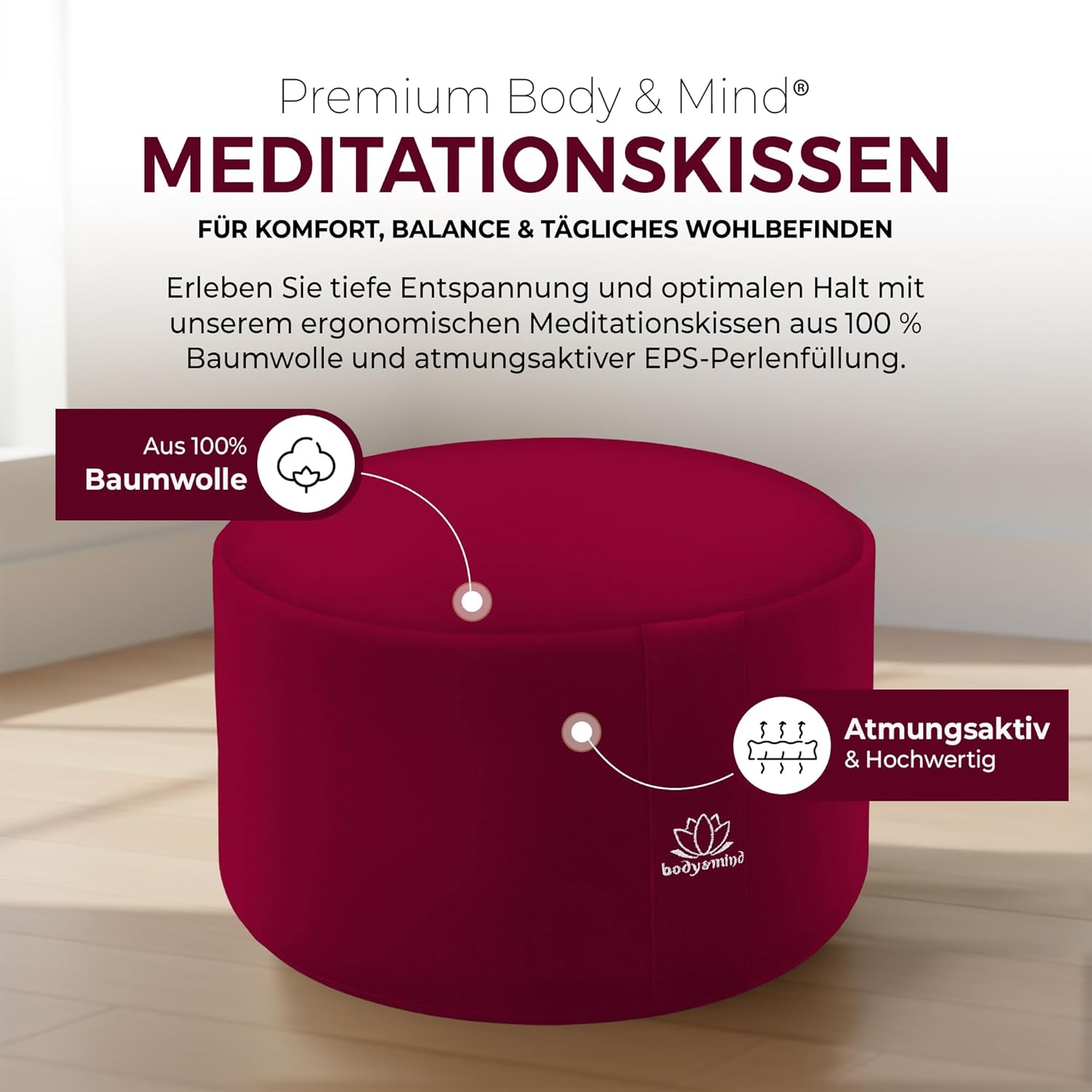 Body & Mind® Yogakissen Meditationskissen Bodensitzkissen Auflage für Meditation & Yoga; Waschbarer Bezug und atmungsaktive Premium-Füllung; 18 cm Sitzhöhe – Bild 4