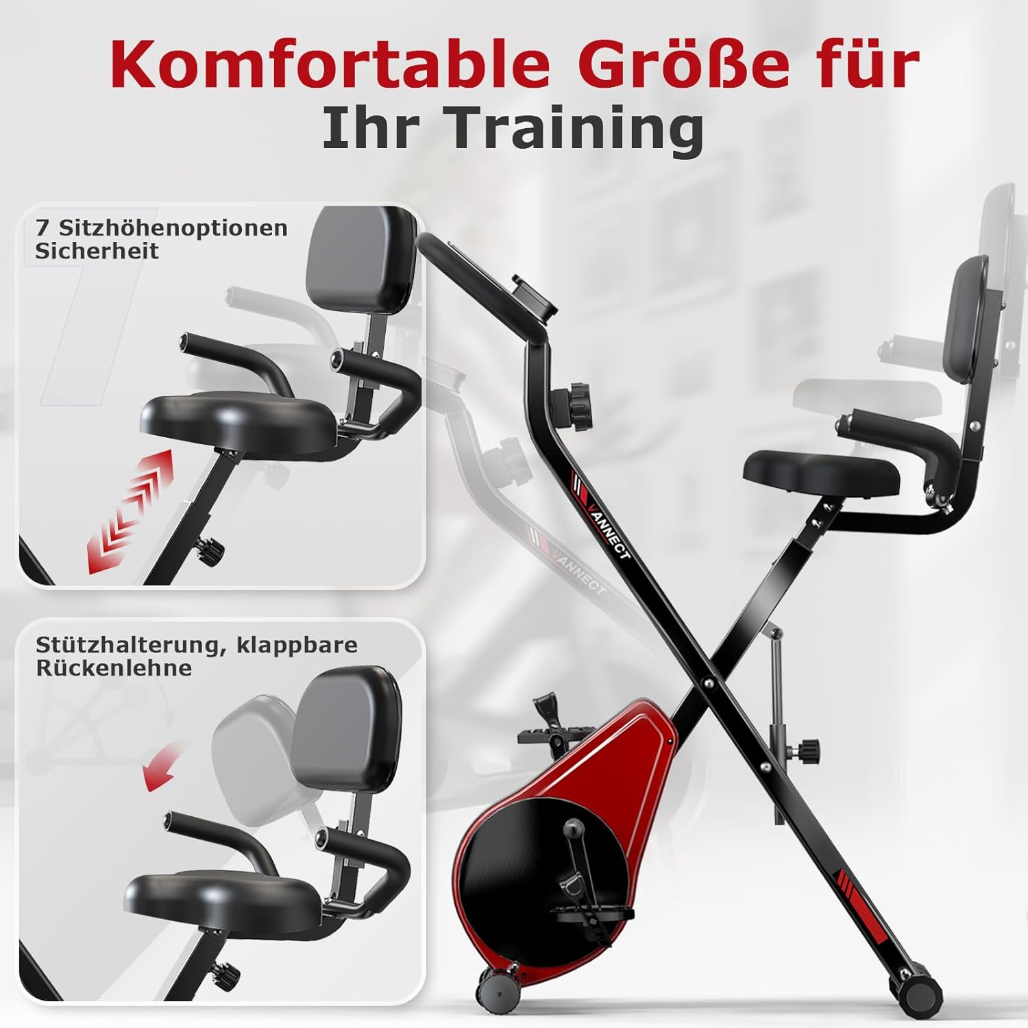 Heimtrainer Fahrrad Klappbar, VANNECT Hometrainer Fahrrad mit 16 Stufen Magnetwiderstand, Pulssensor, 160KG Belastbar, Verstellbarer Rückenlehne & Sitz, Fitnessbikes für Zuhause und Büro – Bild 5