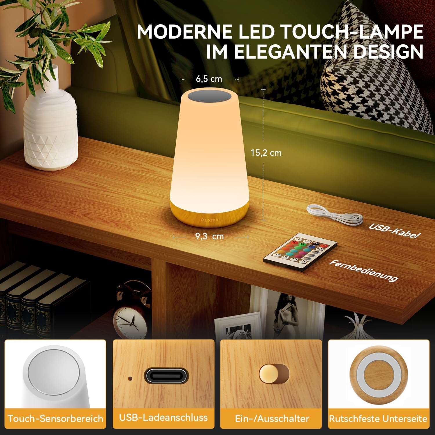 Auxmir Nachttischlampe, Nachtlicht, Touch-dimmbar mit 13 Farben und 4 Modi, LED-Tischlampe, USB wiederaufladbar mit Fernbedienung, Nachtlampe mit Timing-Funktion für Schlafzimmer, Wohnzimmer, Licht – Bild 8