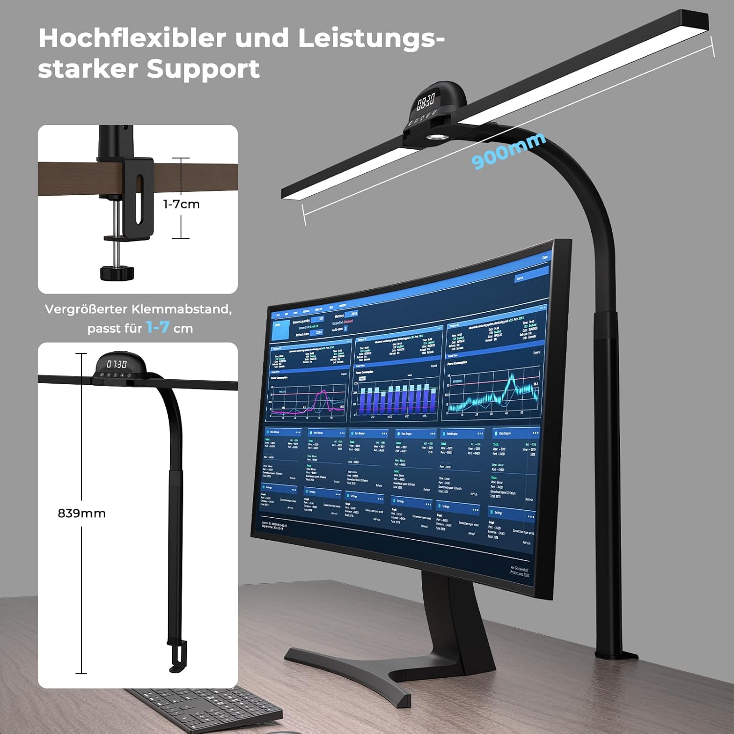 Schreibtischlampe LED Tischlampe Klemmbar 90cm CRI≥95 3100K-7600K Dimmbar Tageslichtlampe Doppelkopf Schreibtischlampe Schwanenhals Schreibtisch Leselampe Monitorlampe Fernbedienung für Home Office – Bild 7