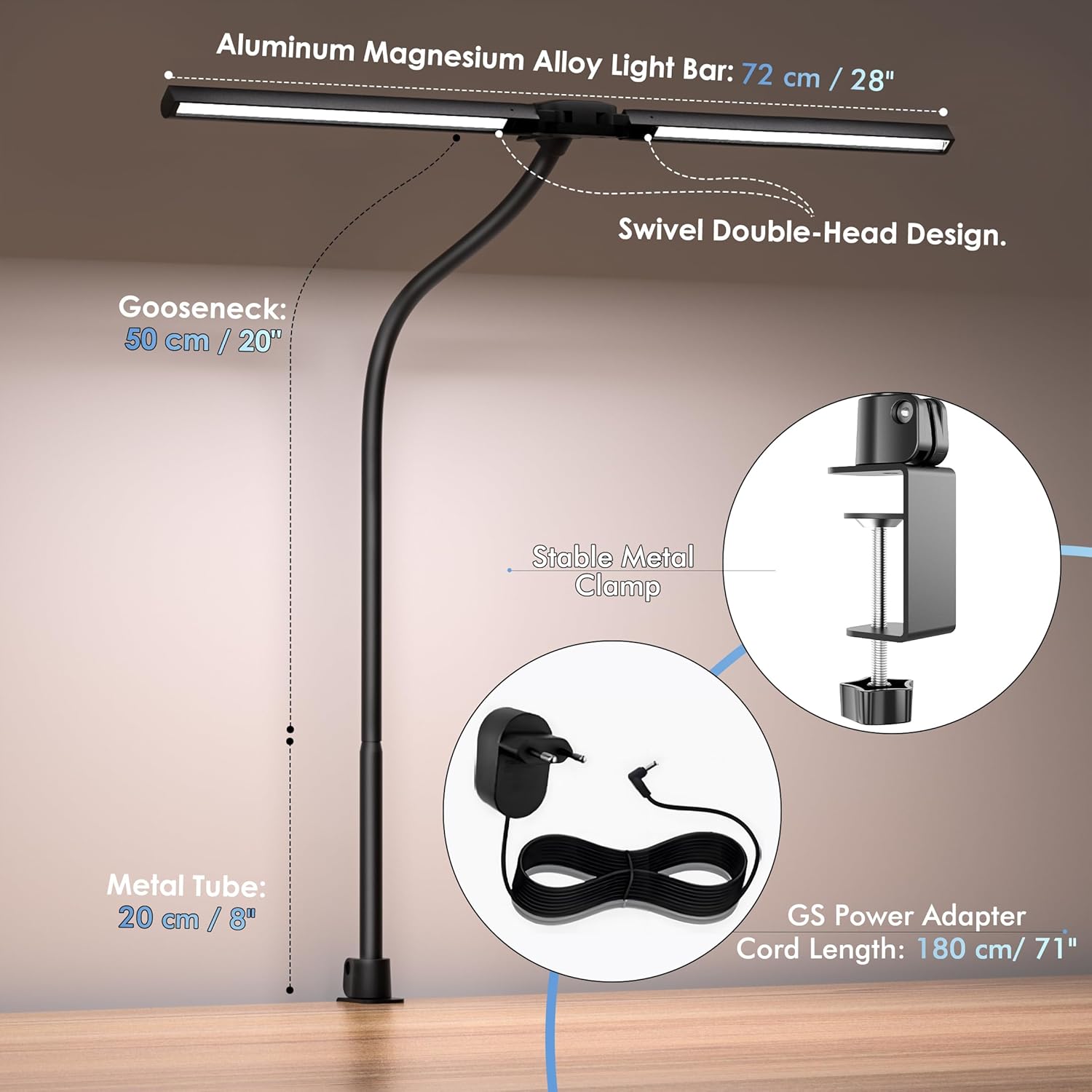 EYOCEAN Schreibtischlampe, Doppelkopf-Schreibtischlampe, Klemmbar, 16 W 72 cm, Tageslichtlampe Schreibtisch mit Fernbedienung, Dimmbare Monitorlampe, Schwanenhals-Büro-Tischlampe, Augenschutz-Klemmlampe – Bild 7