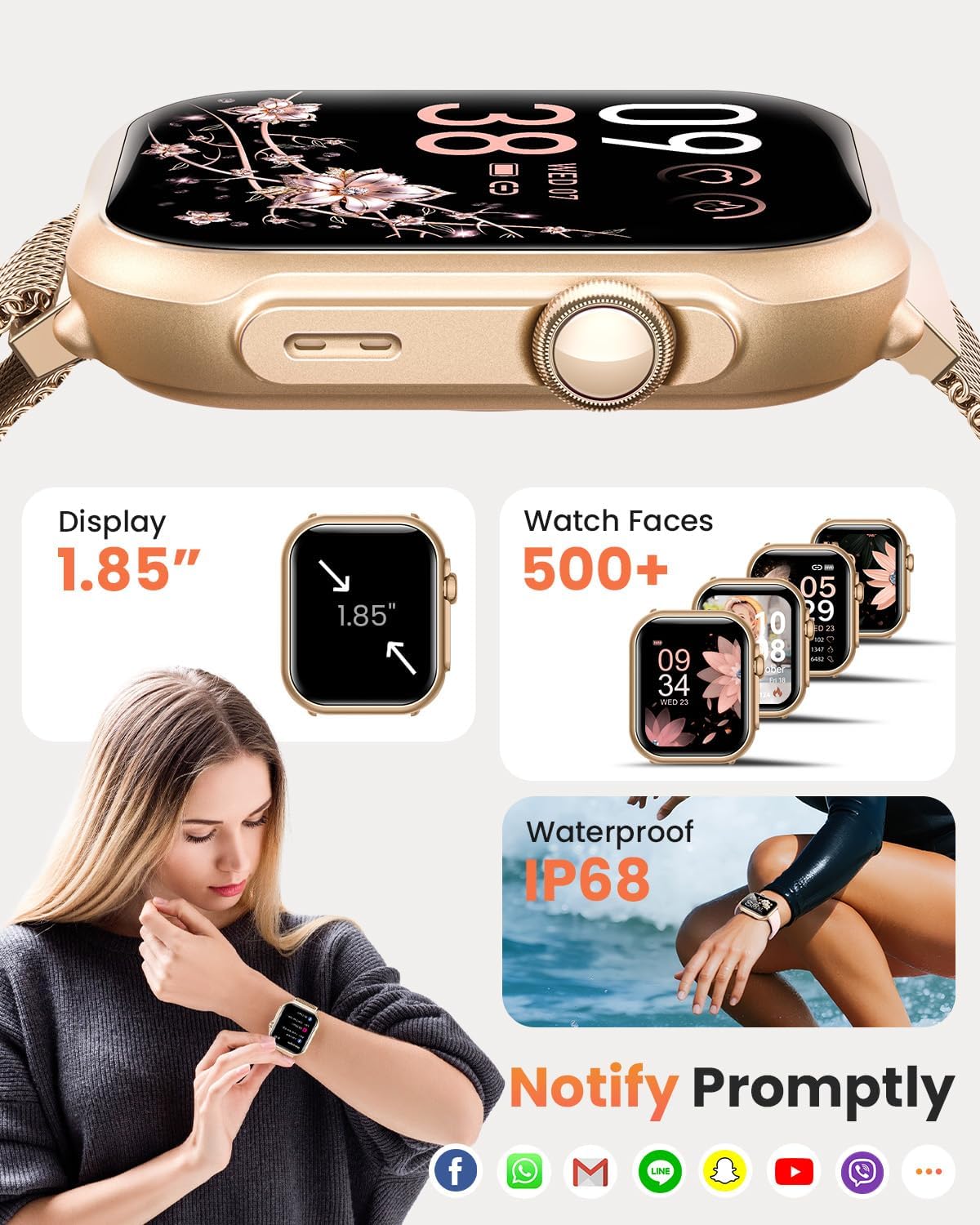 Damen-Smartwatch mit Telefonfunktion, 1000 mAh Akku, 100 Tage Standby, 1,83 Zoll Fitnessuhr mit Herzfrequenz, SpO2, Schlafüberwachung, 120+ Sport-Mod, IP68 Smartwatch, Schrittzähler für Android iOS, Roségold – Bild 7