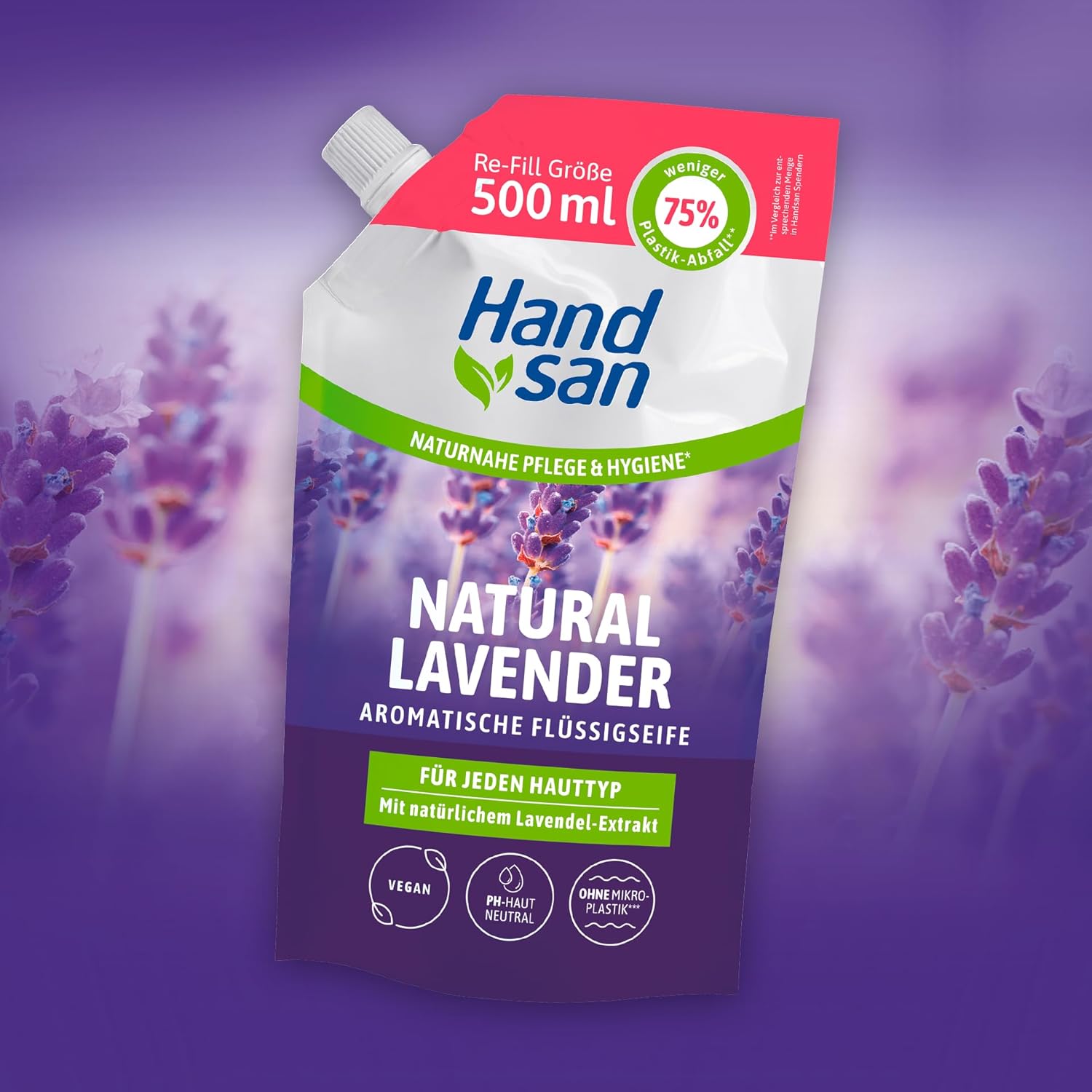 Hand San Flüssigseife Natur Lavendel im Nachfüllbeutel mit natürlichem Lavendelöl, Handwasch- & Gesichtsreinigungsformulierung ohne Mikroplastik, pH-hautneutral & vegan, 500 ml – Bild 3
