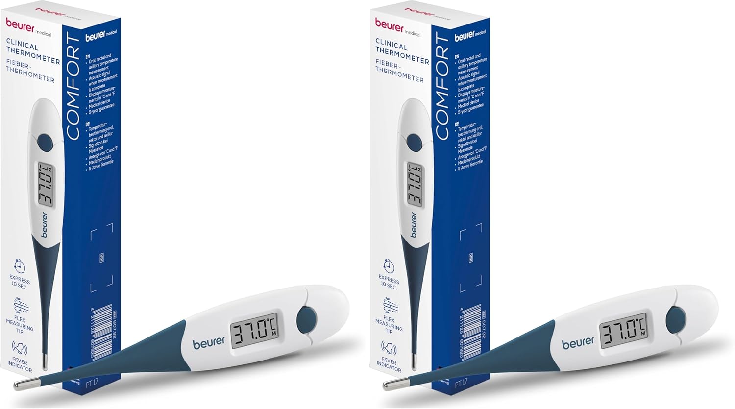 Beurer FT 17 Digitales Fieberthermometer mit flexibler Spitze für orale, rektale und axilläre Messung, Ergebnis in 10 Sekunden, Fieberanzeige für Babys, Kinder und Erwachsene, blau/weiß