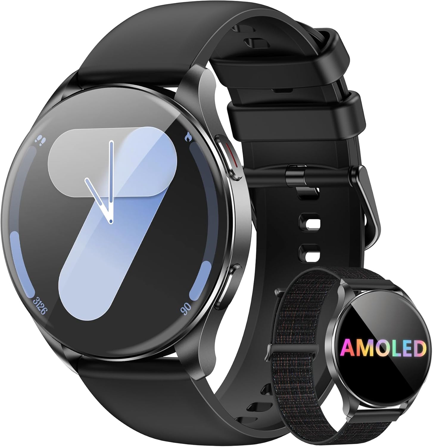 Blackview Smartwatch Herren Damen AMOLED-Bildschirm Virtuelle Always-On-Uhr Aktivieren/Empfangen Sportuhr mit Puls Schlaf SpO2 Schritte Kalorien Kilometer 2 Armbänder (Silikon/Nylon) für Android iOS