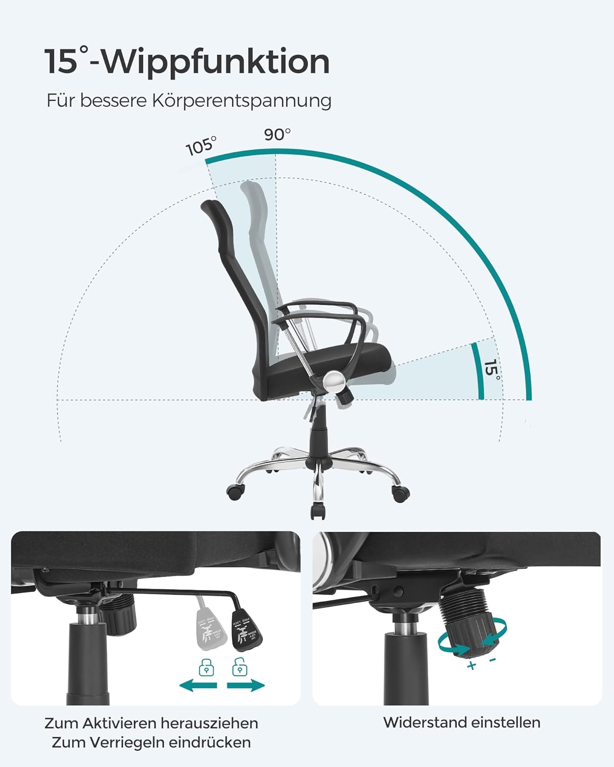 SONGMICS Bürostuhl, ergonomischer Drehstuhl, gepolsterter Sitz, Stoffbezug, verstellbar und neigbar – Bild 5
