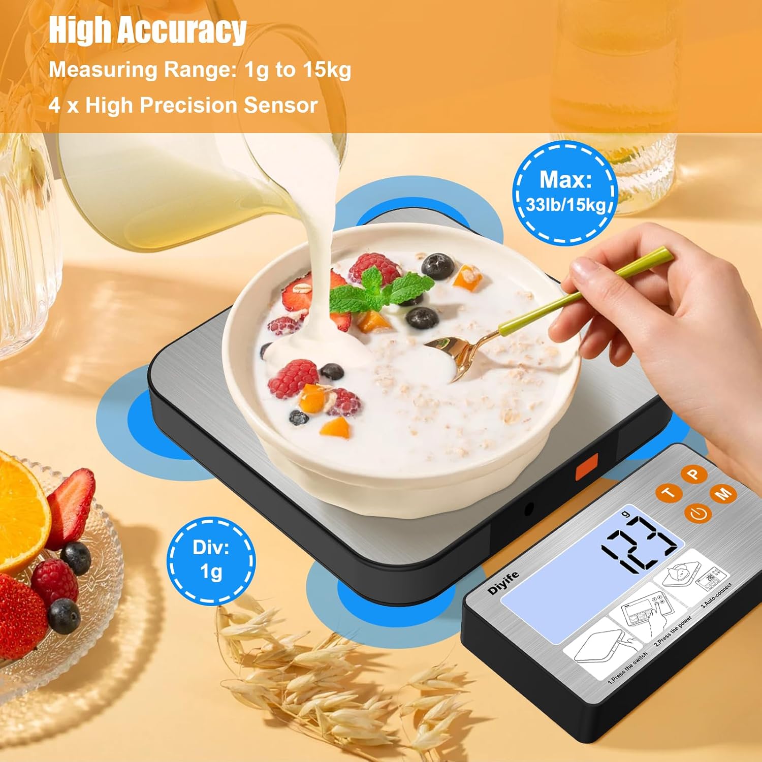 Diyife Geteilte Küchenwaage aus Edelstahl, 15 kg, Lebensmittelwaage, digitale Waage mit hintergrundbeleuchtetem LCD-Display, Flüssigkeitsmessung, Zählfunktion, Batterien im Lieferumfang enthalten – Bild 5