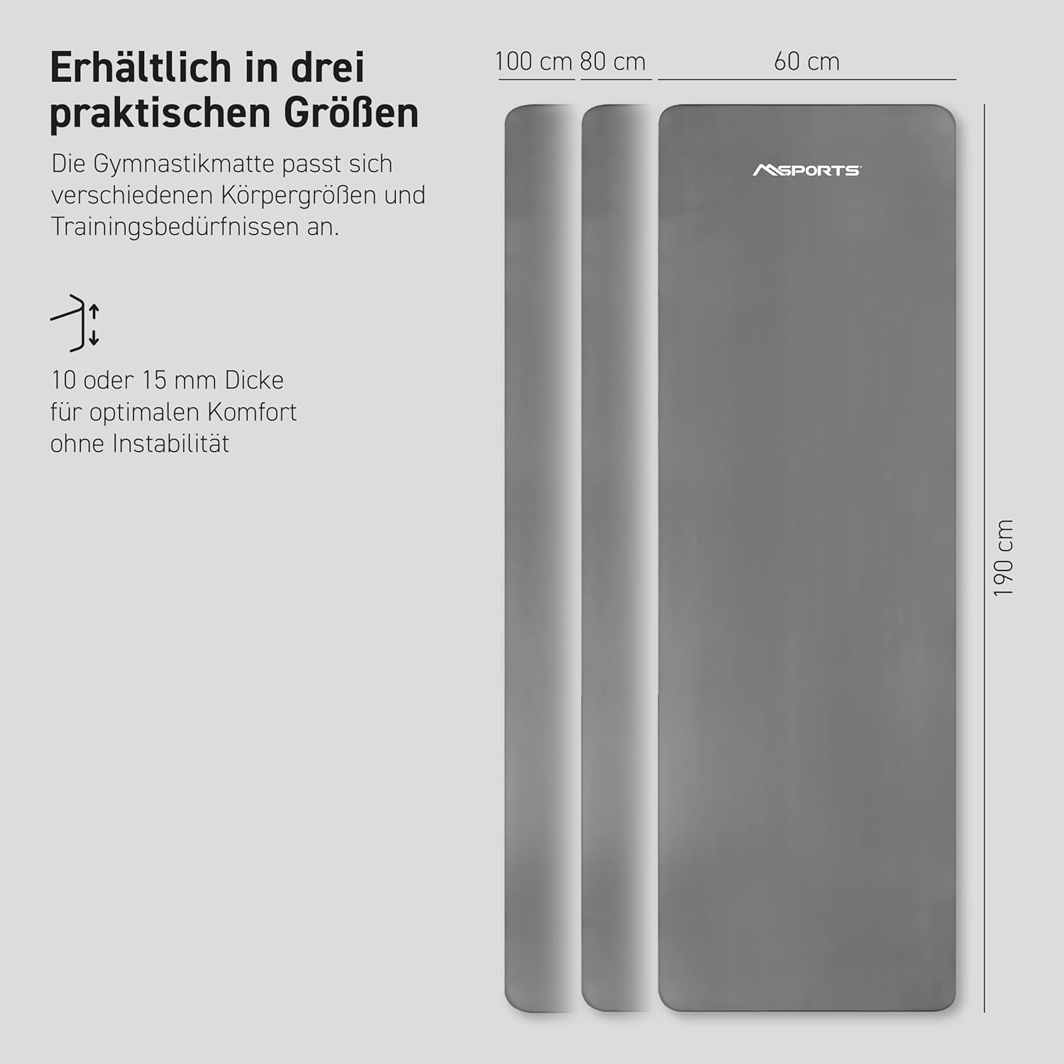MSports Premium Gymnastikmatte inklusive Tragegurt + Übungsposter + Workout-App – hautfreundliche Fitnessmatte, 190 x 60, 80 oder 100 x 1,5 cm, verschiedene Farben, phthalatfreie Yogamatte, grau, 190 x 80 x 1,5 cm – Bild 7