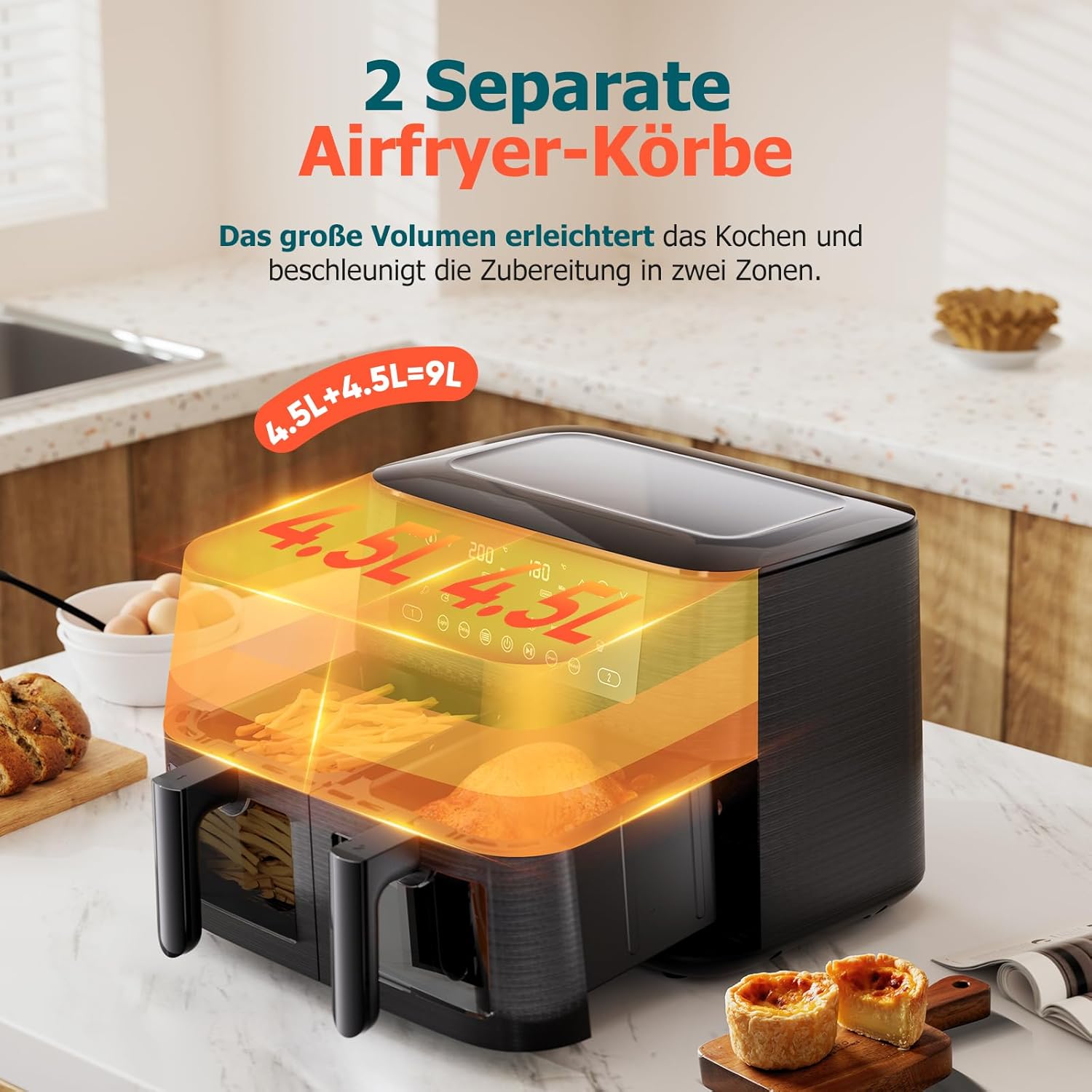 Heißluftfritteuse, 2 Kammern mit Sichtfenster, 9 l Airfryer, 2 Fächer, 9-in-1, Touchscreen, spülmaschinenfeste Körbe, antihaftbeschichtete Fritteusenkörbe, gesunde Fritteuse ohne Öl und fettarmes Kochen – Bild 2