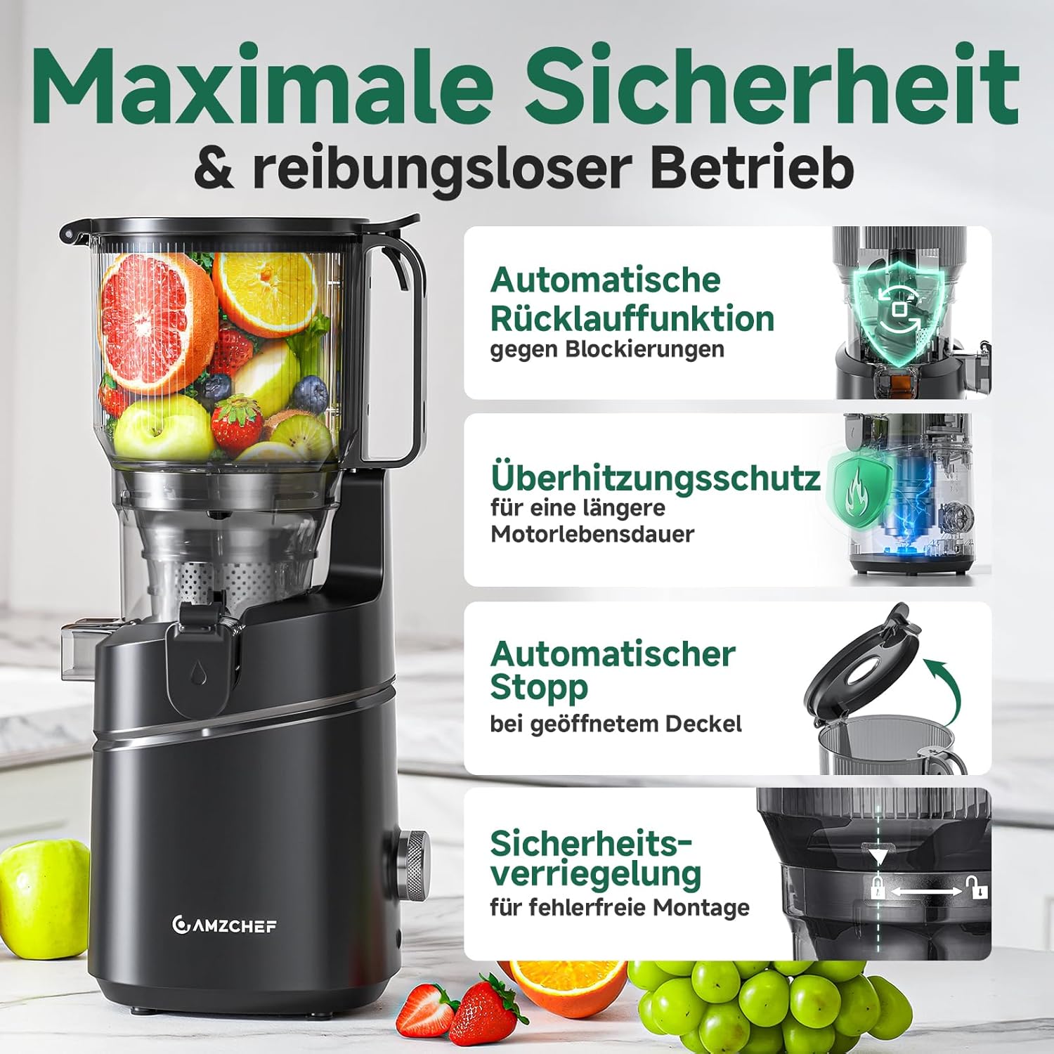 AMZCHEF 250W Automatischer All-In-One-Entsafter, 150mm Öffnung und 2L Kaltpress-Entsafter für Gemüse und Obst, Entsafter Slow Juicer Testsieger mit Dreifachfilter - Schwarz – Bild 5