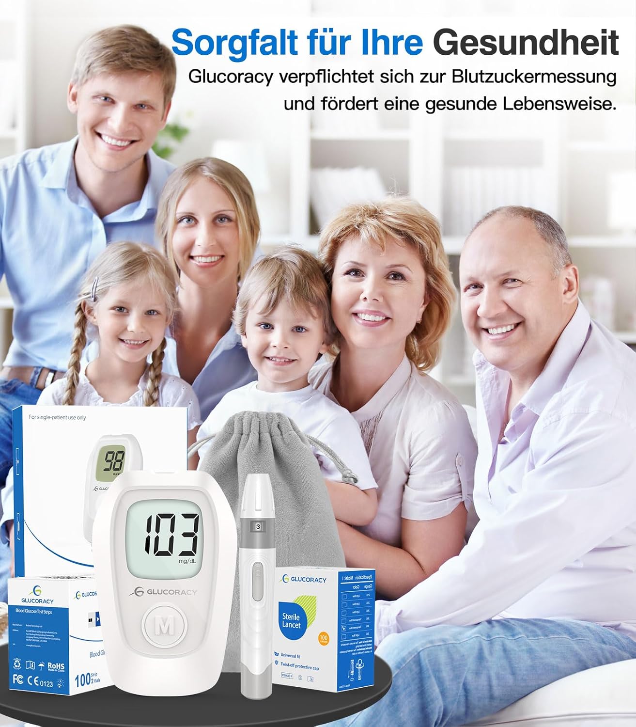 Glucoracy G-425 Blutzuckermessgerät-Kit, Blutzuckertest-Kit mit Stechhilfe, 100 Teststreifen und 100 Lanzetten, Glukosemessgerät für zu Hause, Diabetes-Selbsttest-Kit für den Heimgebrauch – Bild 8