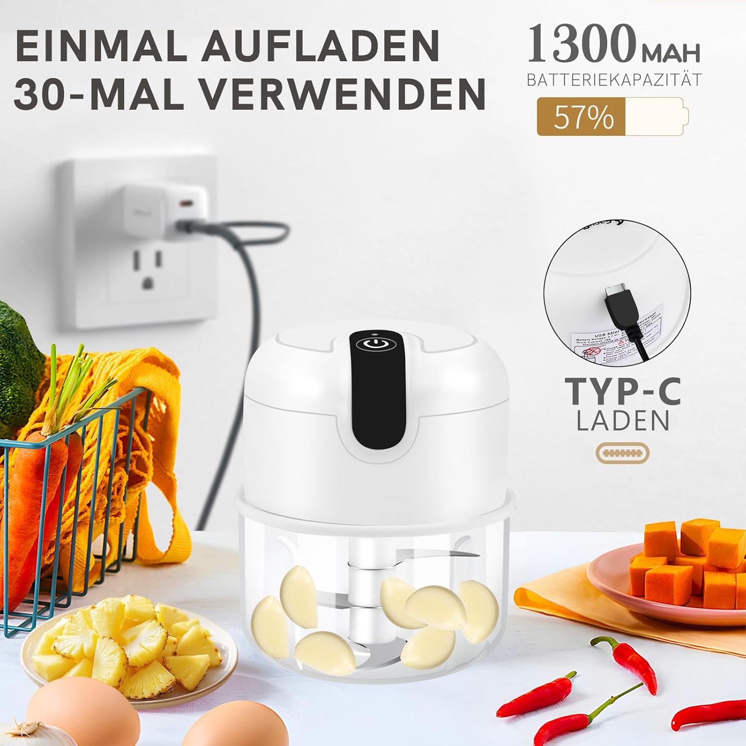 Elektrischer Mini-Zerkleinerer, 250 ml, kabellos wiederaufladbar über USB Typ C, Klinge aus Edelstahl 304, lebensmittelechtes Material, tragbarer Küchenhelfer für Obst, Gemüse, Knoblauch, Babybrei, Camping – Bild 3