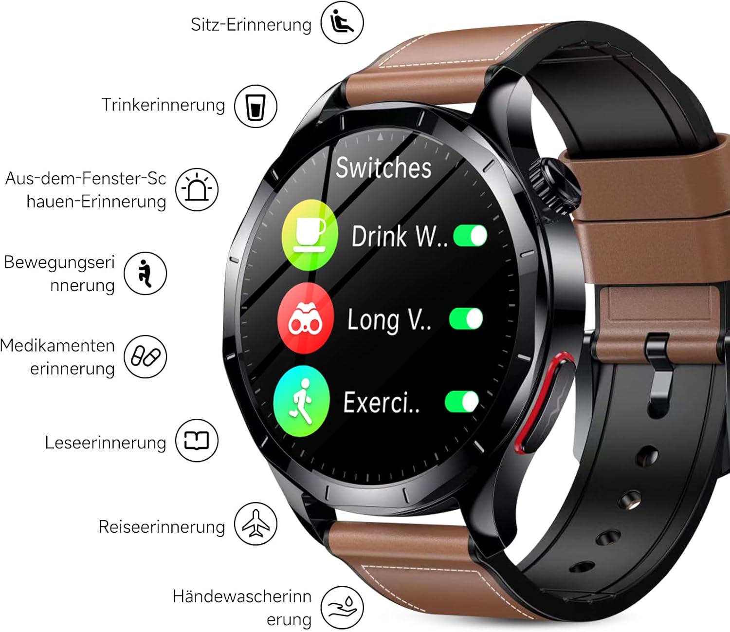 2026 Herren Smartwatch mit EKG/HRV/BMI/Harnsäure, 1,43 Zoll AMOLED Gesundheitsuhr mit 24H SpO2 Apnoe Schlafmonitor SOS Notruf Fitnessuhr Android/iOS (Braunes Leder) – Bild 8