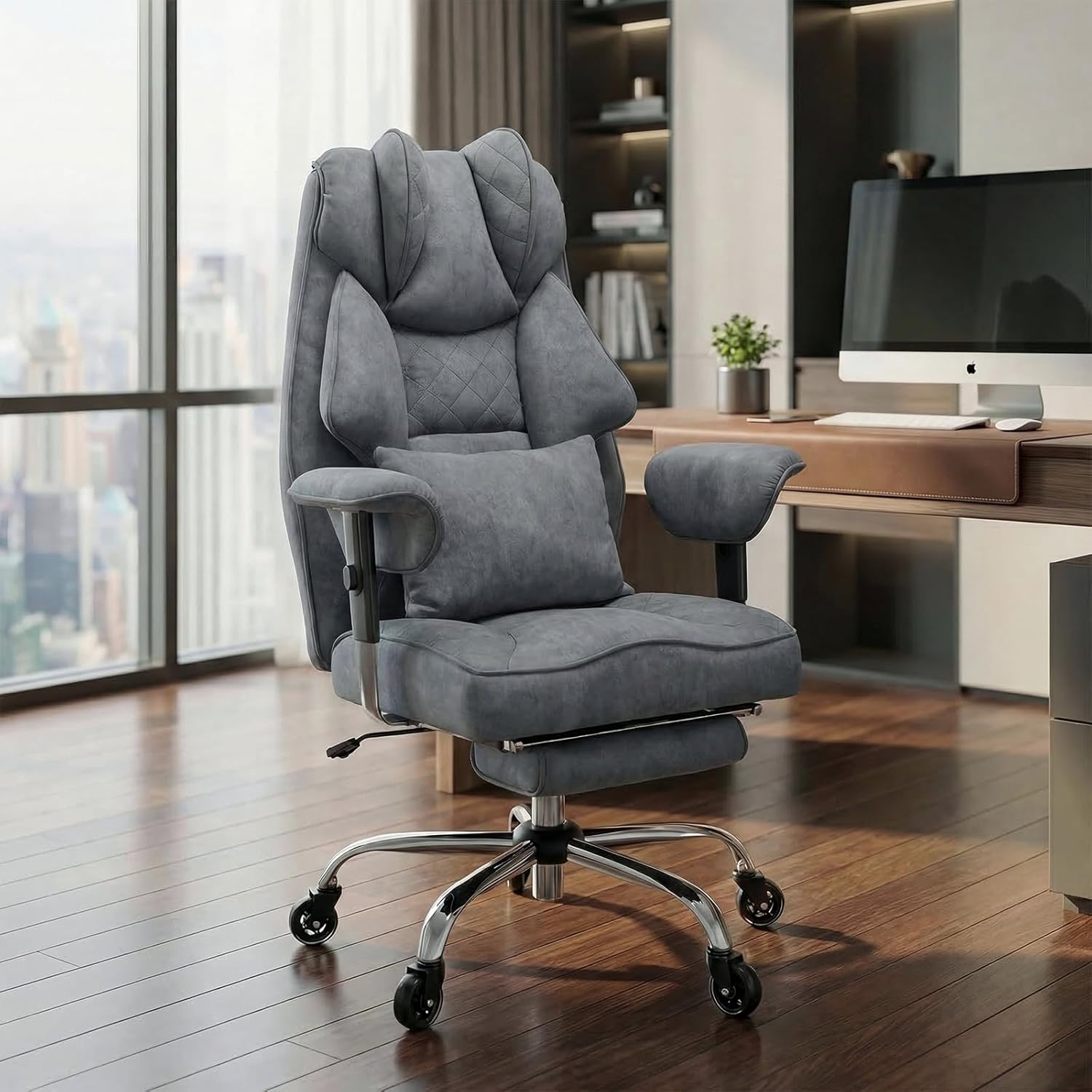 Ergonomischer Bürostuhl mit Fußstütze – Schreibtischstuhl Chefsessel 200 kg, starke Polsterung, hohe Rückenlehne, Lordosenstütze, Armlehnen höhenverstellbar, Wildlederimitat – Bild 9