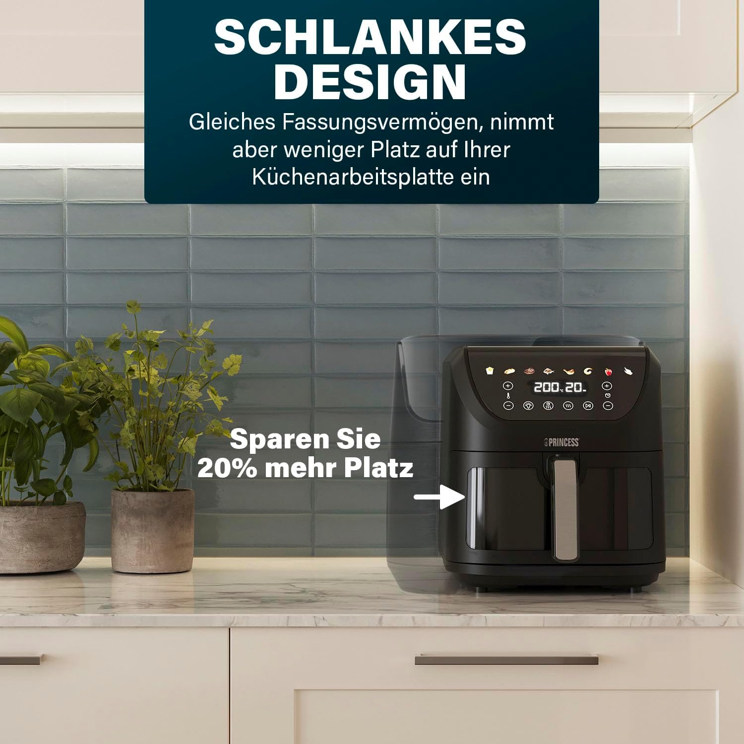 Princess SlimFry Airfryer, 8 l Fassungsvermögen, 2000 W, 8 Programme, digitaler Touchscreen, einstellbare Temperatur, Sichtfenster, automatische Abschaltung, spülmaschinenfest, 182257 – Bild 3